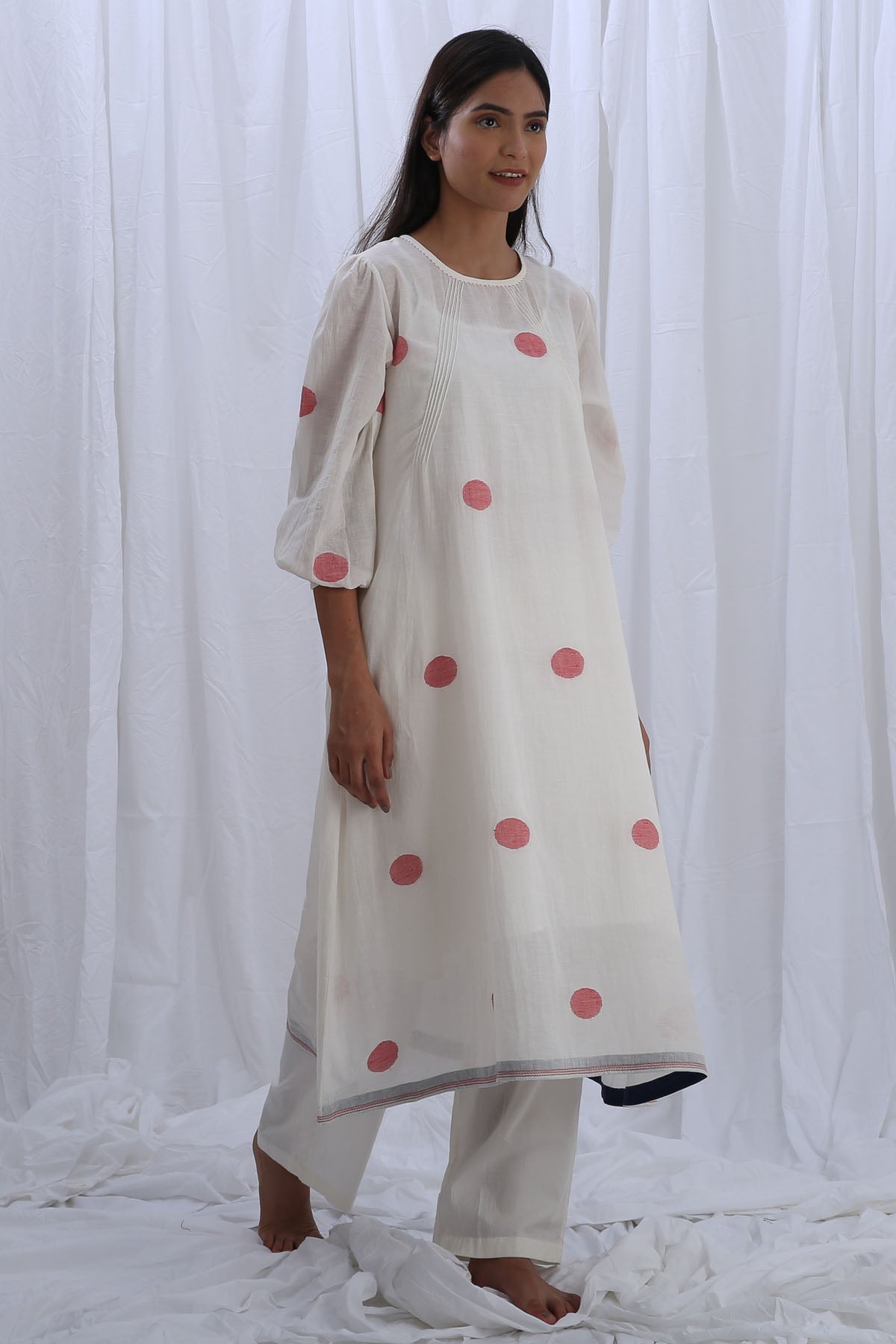White Polka Dot Print Kurta Set