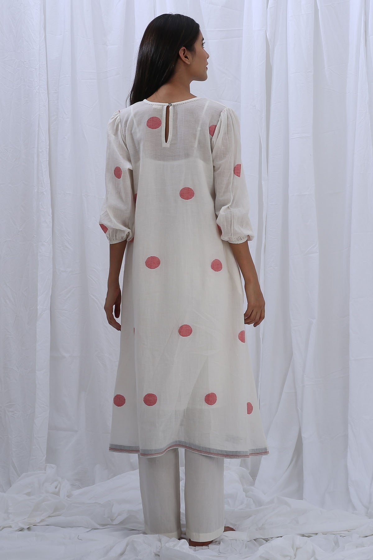 White Polka Dot Print Kurta Set