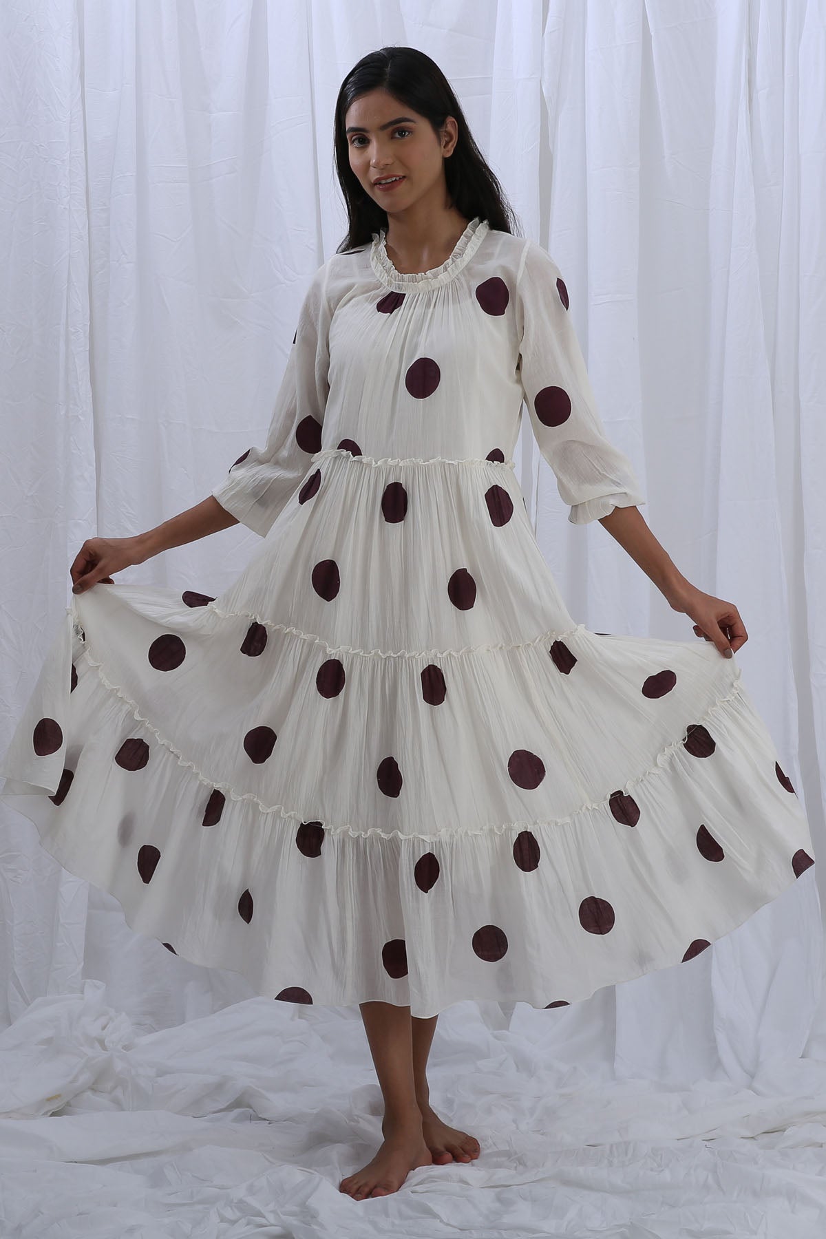 Buy Designer White Polka Print Frill Dress Online