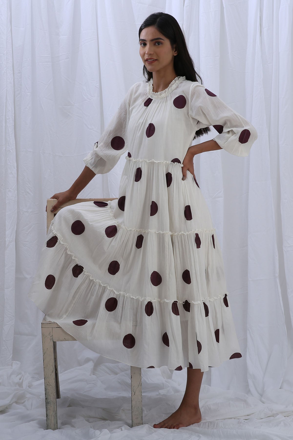 White Polka Print Frill Dress