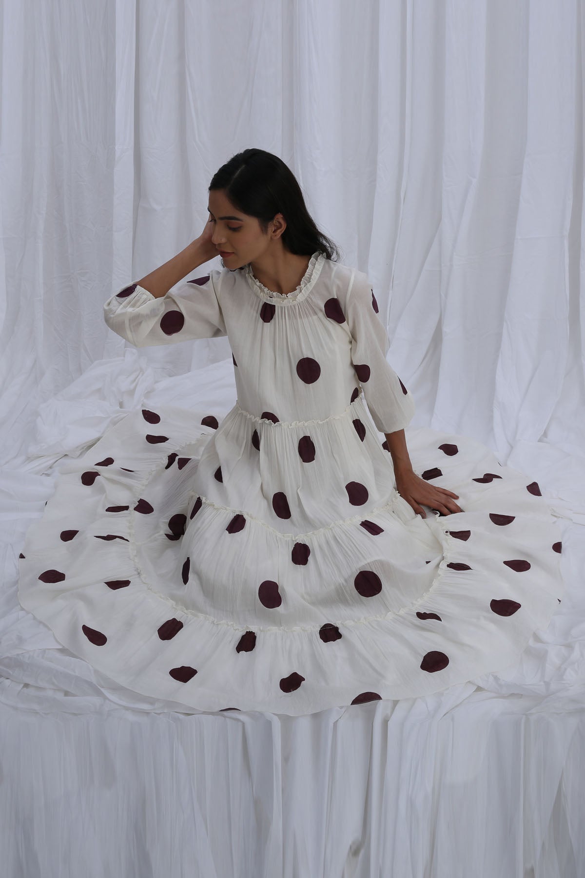 White Polka Print Frill Dress