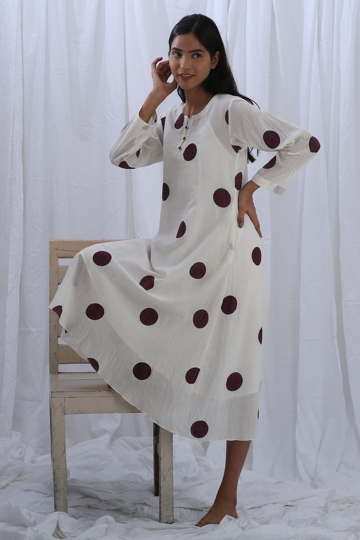 White Polka Print Midi Dress