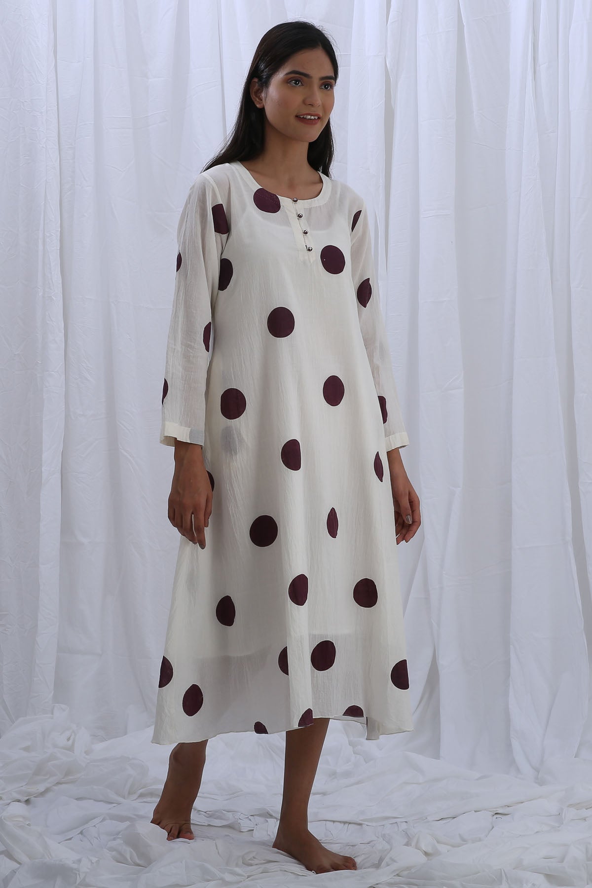 Khat Clothing White Polka Print Midi Dress for women online at ScrollnShops