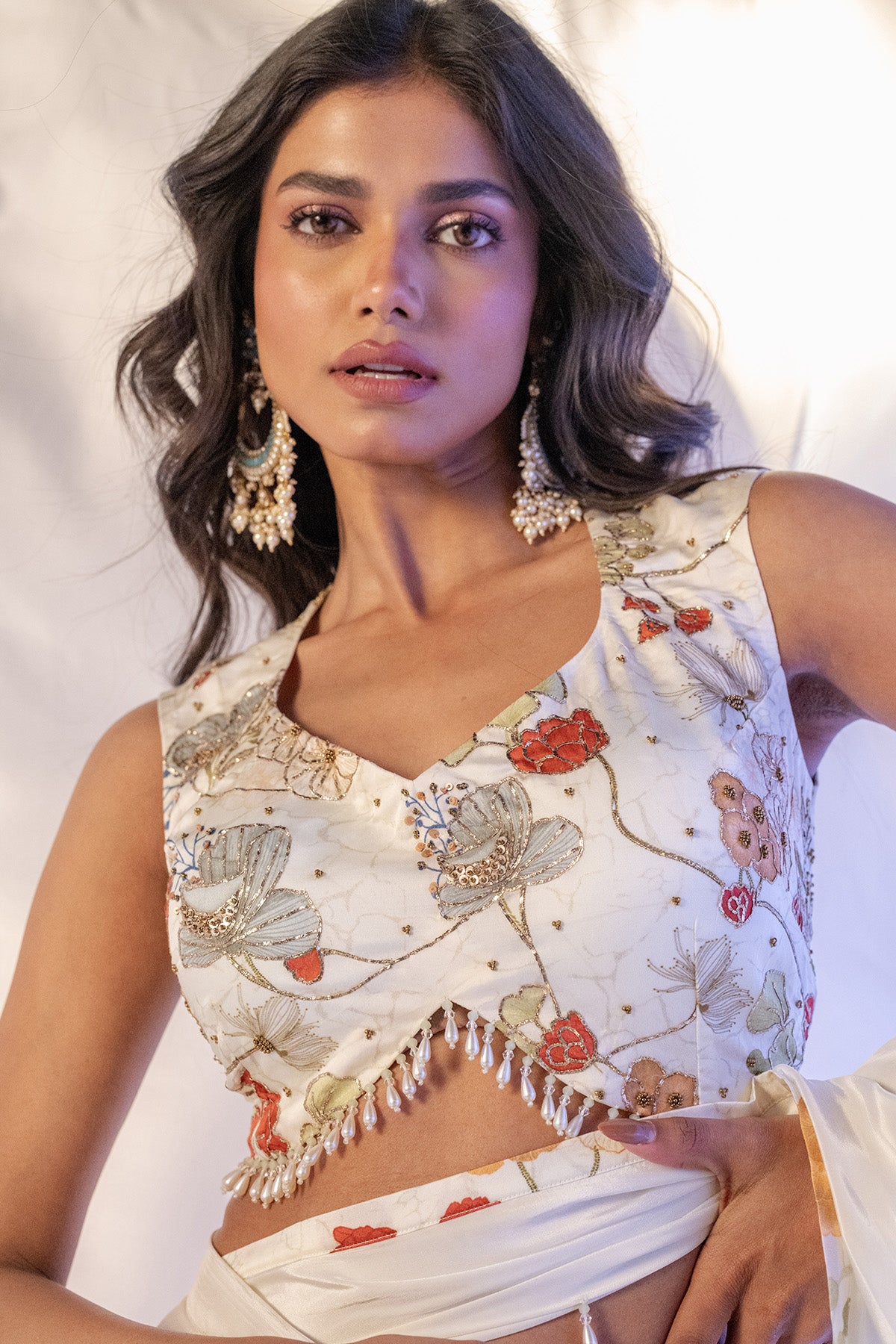 White Pre-Draped Saree & Blouse