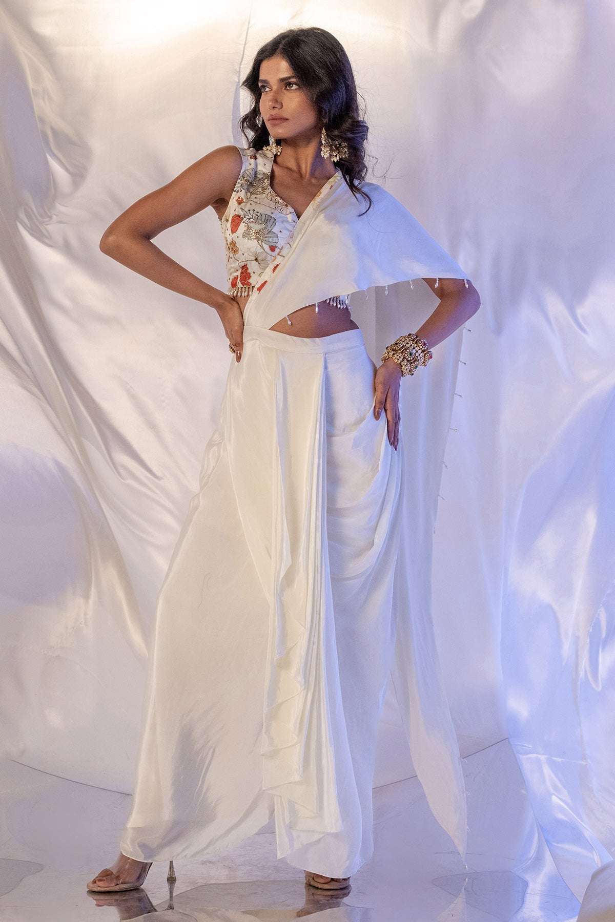 White Pre-Draped Saree & Blouse