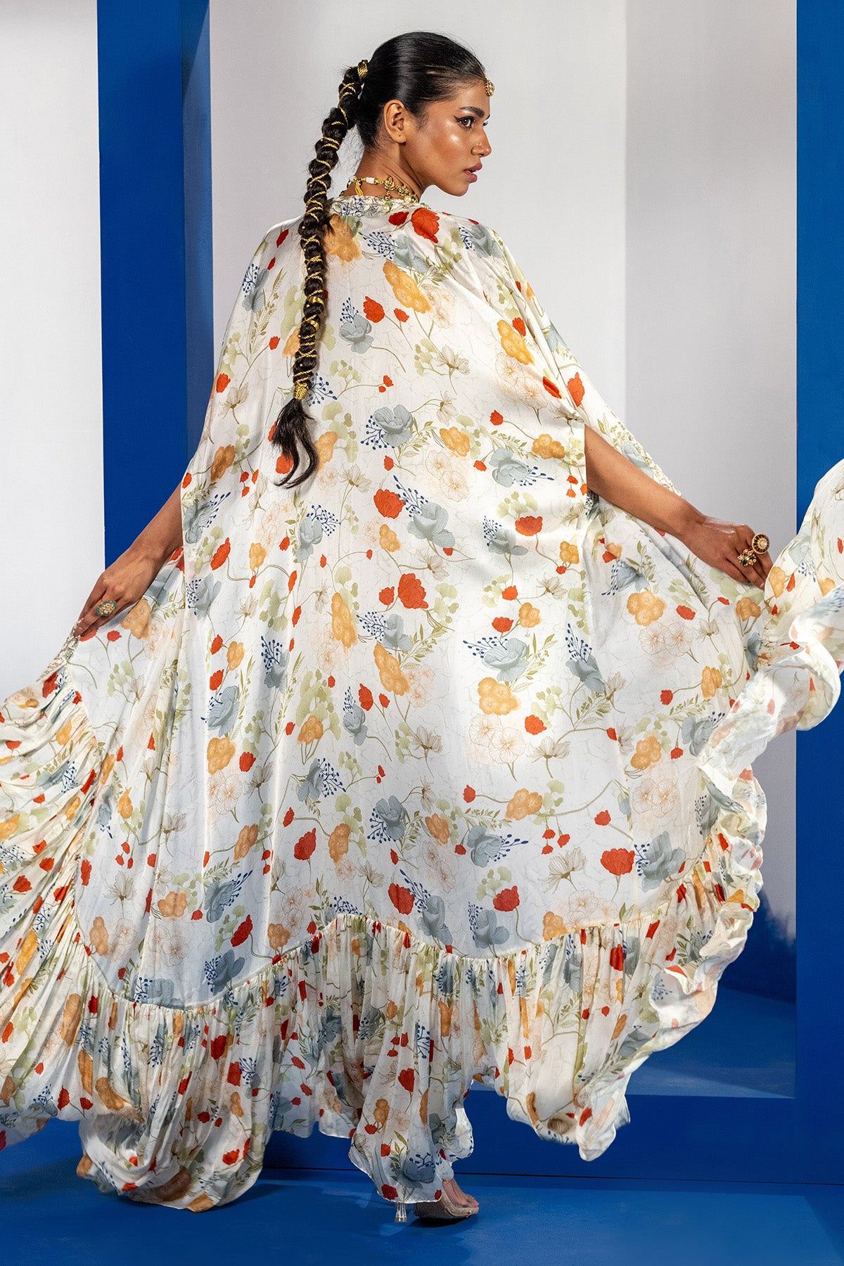 White Print Embroidered Cape Set