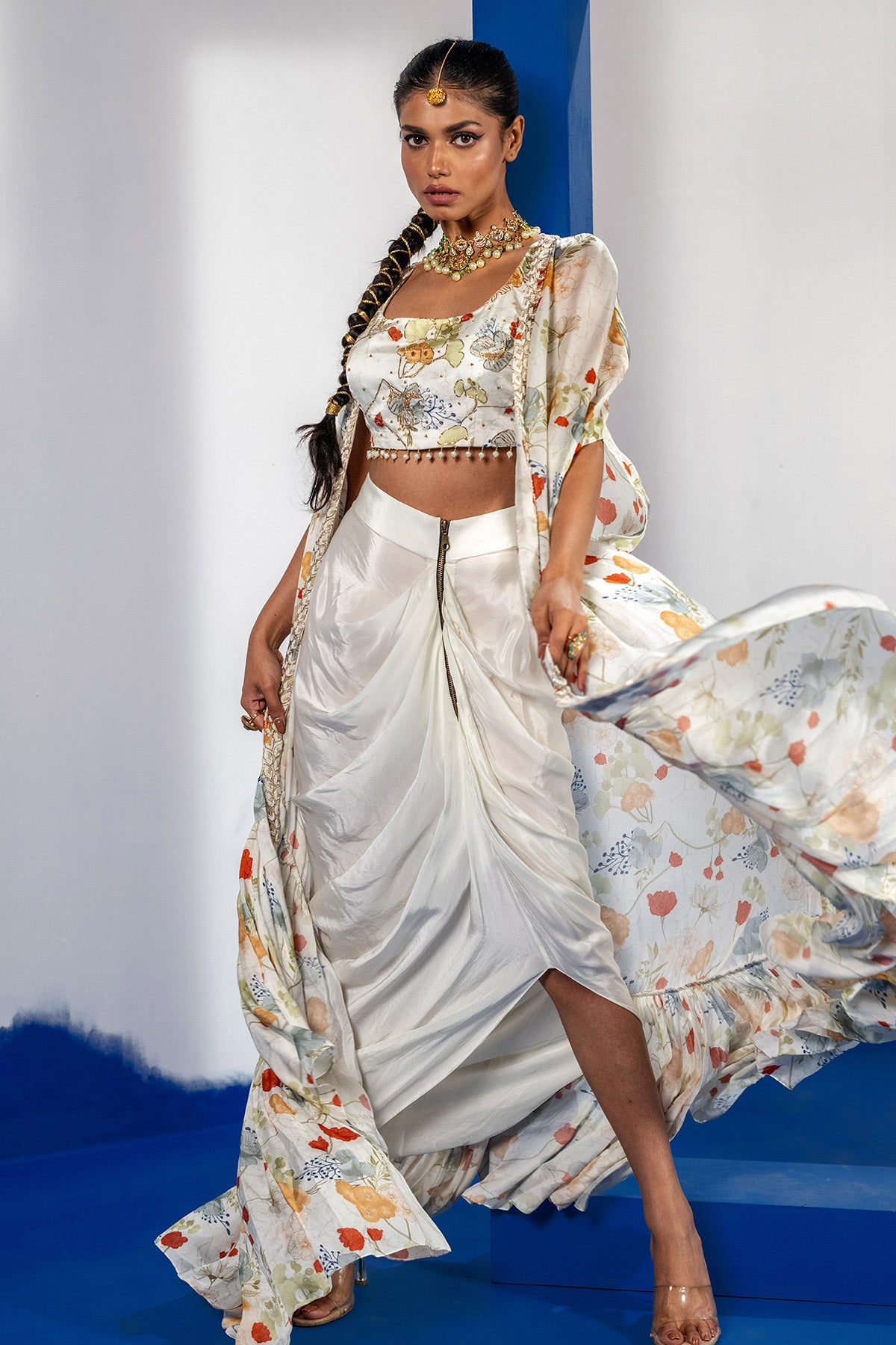 White Print Embroidered Cape Set
