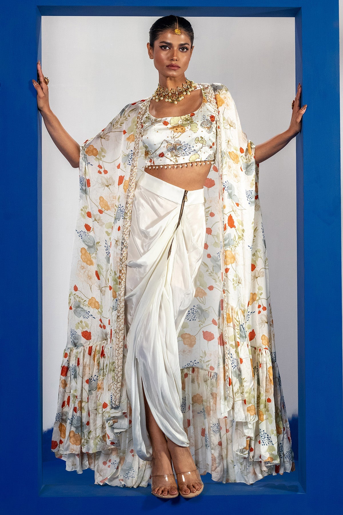 Buy White Print Embroidered Cape Set by Shristi Chetani for women online at ScrollnShops