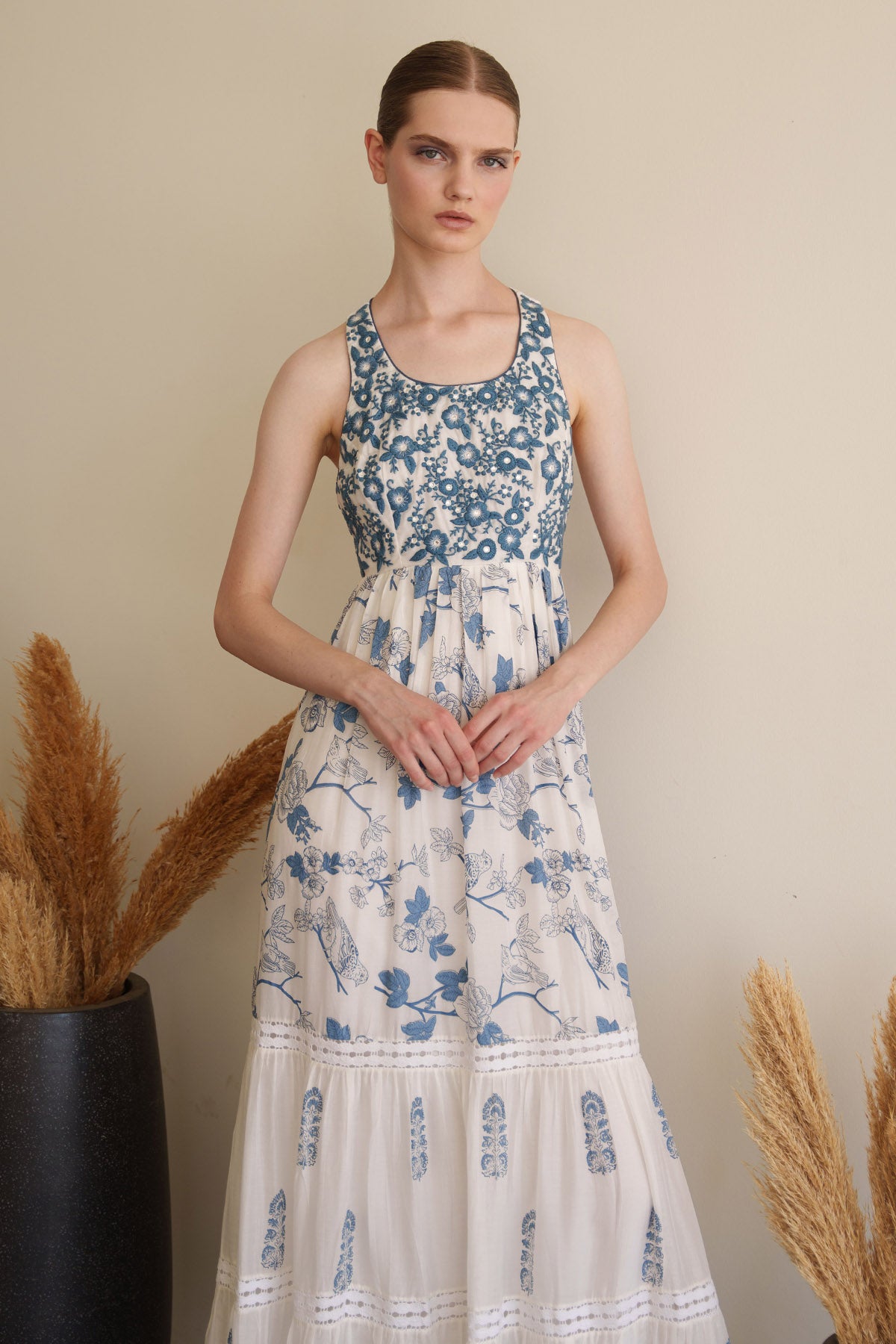 White Print Embroidered Dress