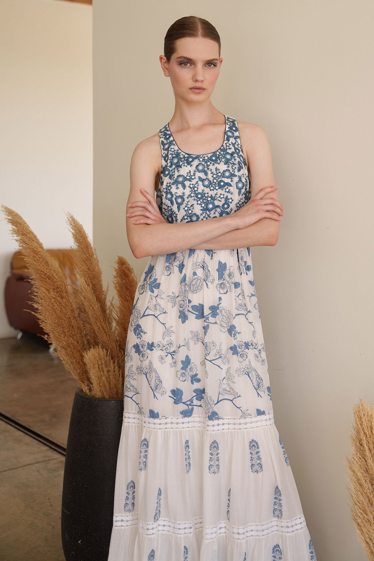White Print Embroidered Dress