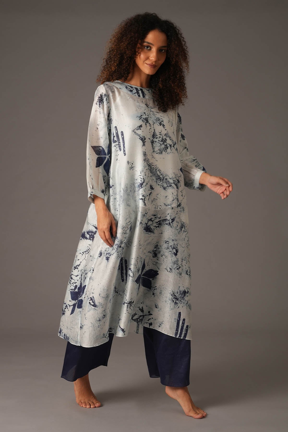 White Print Flared Kurta & Pants