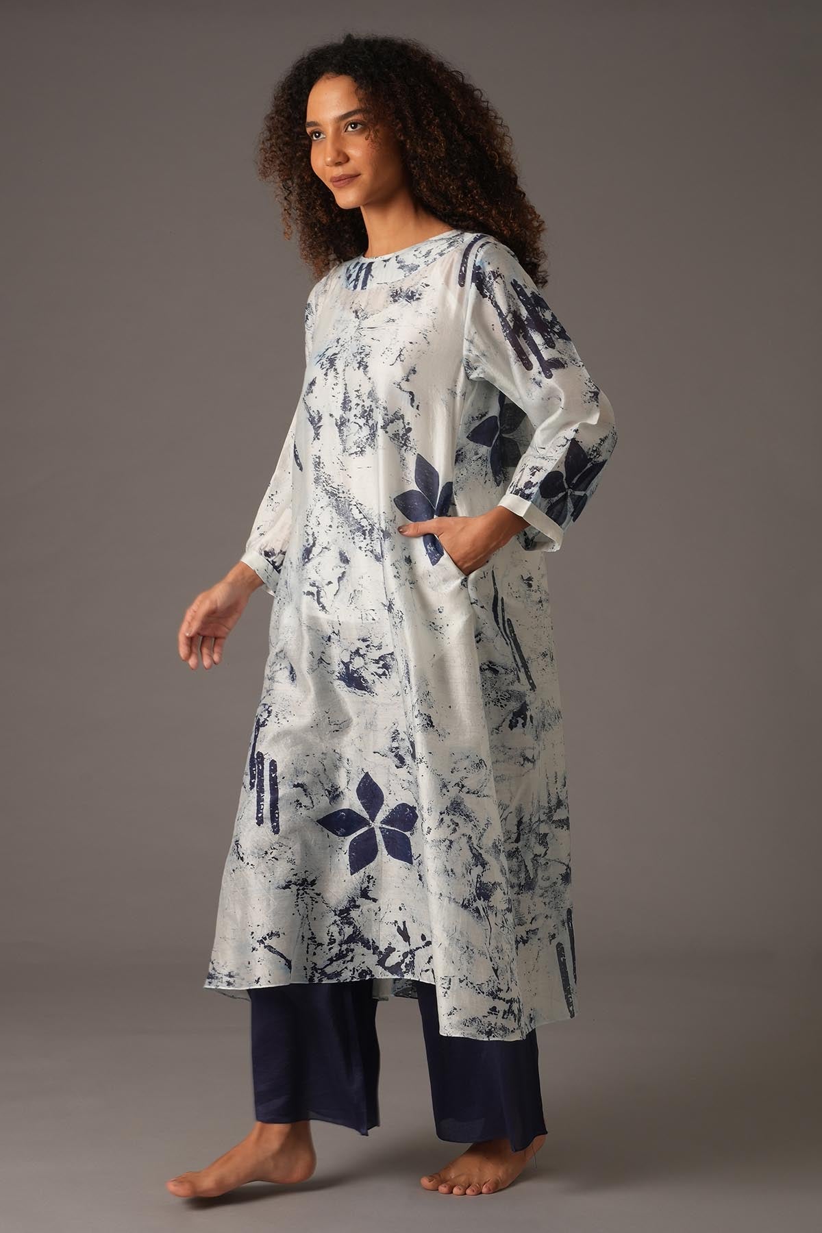 White Print Flared Kurta & Pants