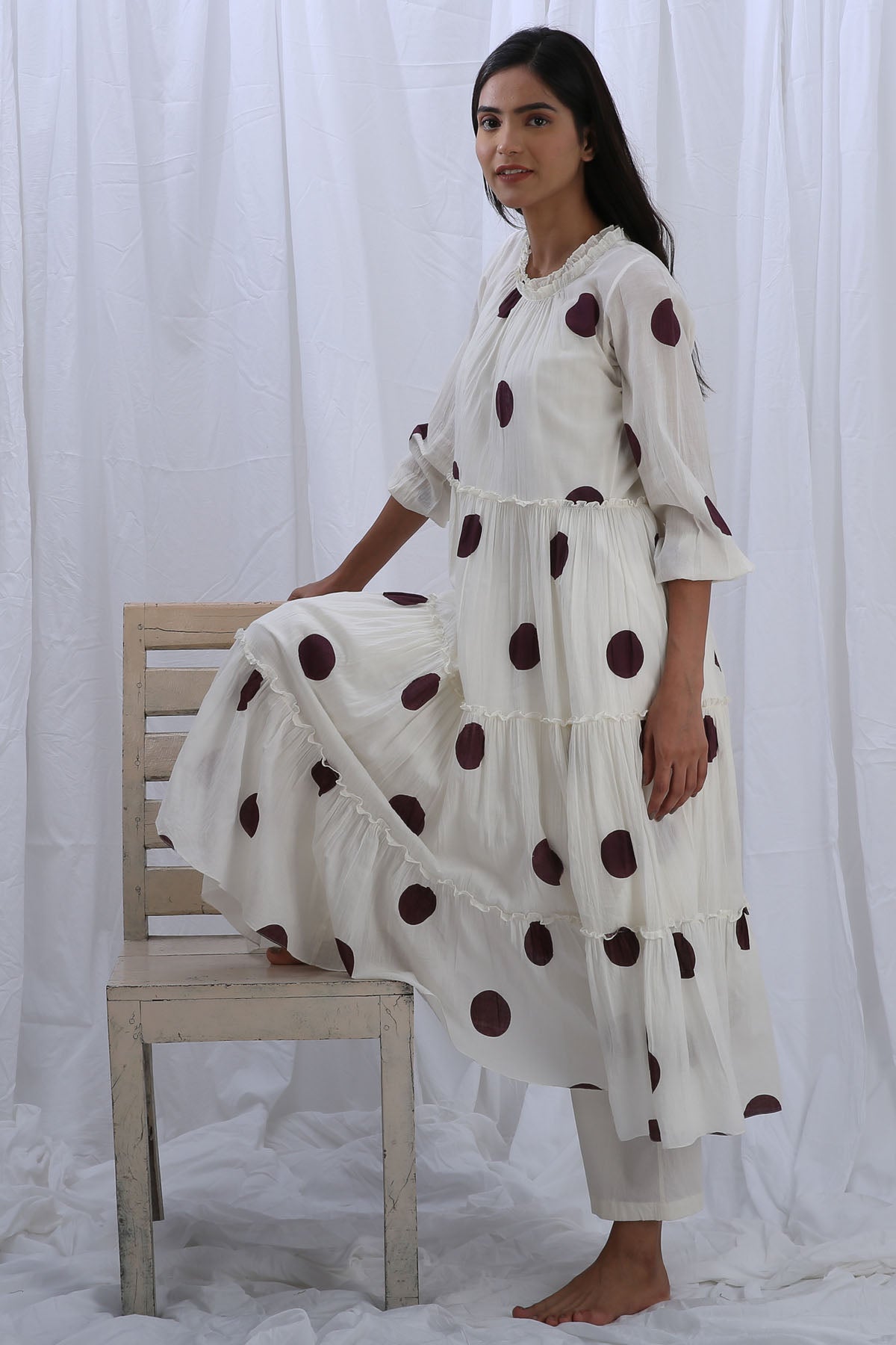 White Print Frill Kurta & Pants