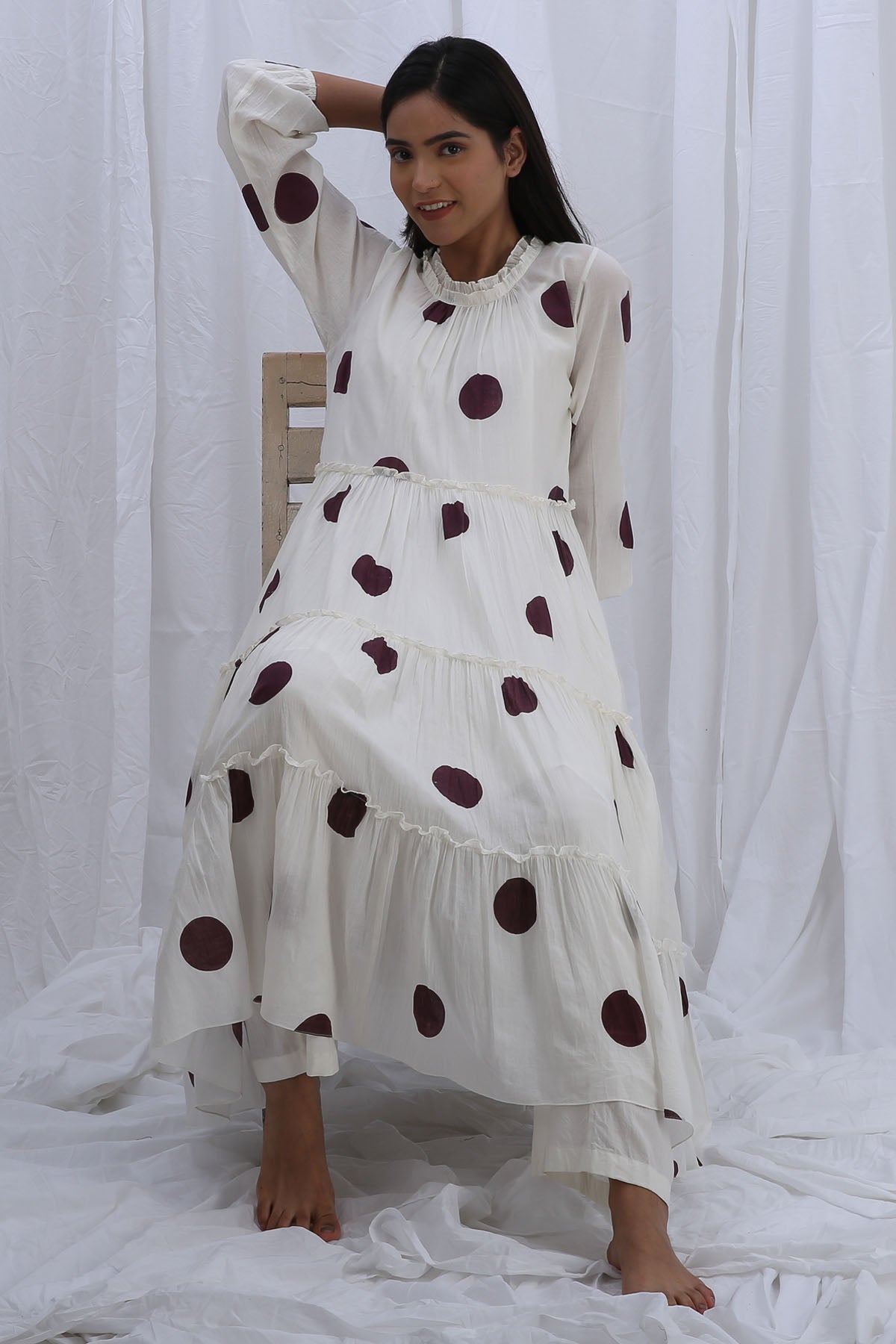 White Print Frill Kurta & Pants