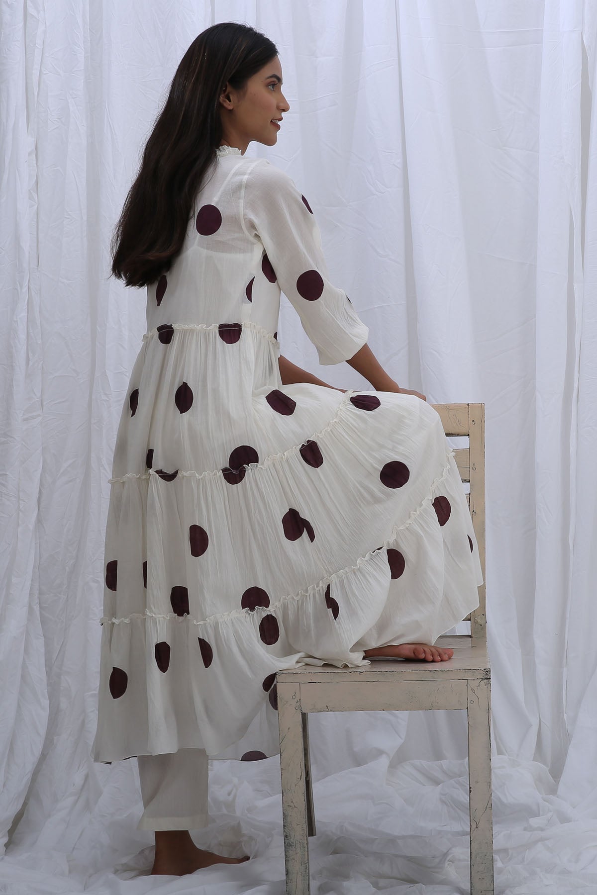 White Print Frill Kurta & Pants