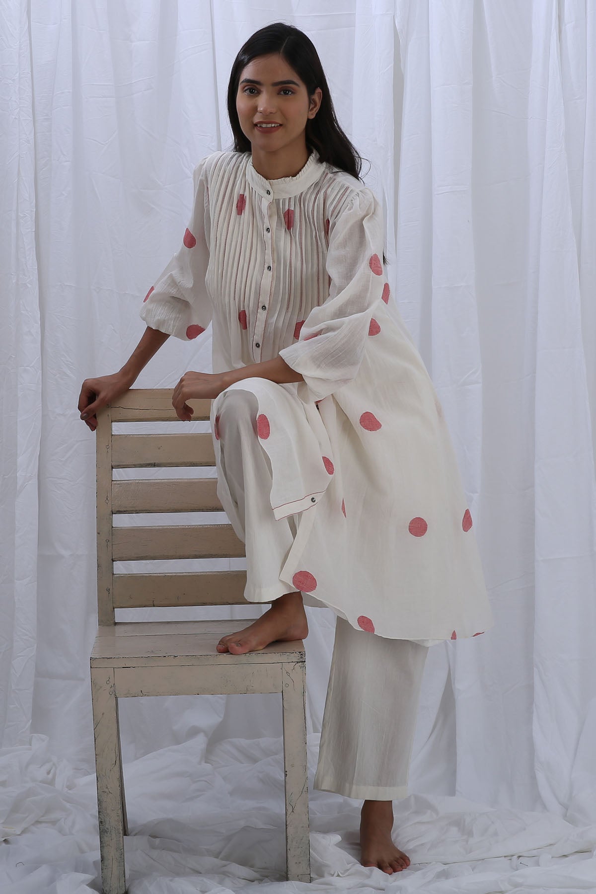 White Print Pintuck Kurta Set