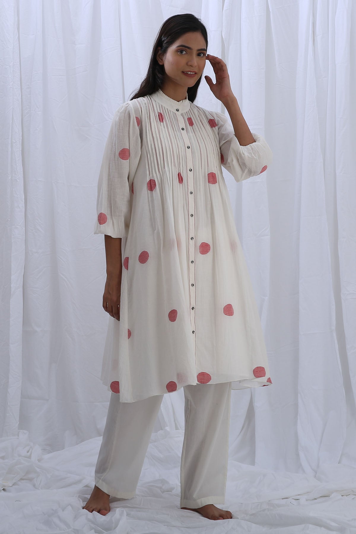 White Print Pintuck Kurta Set