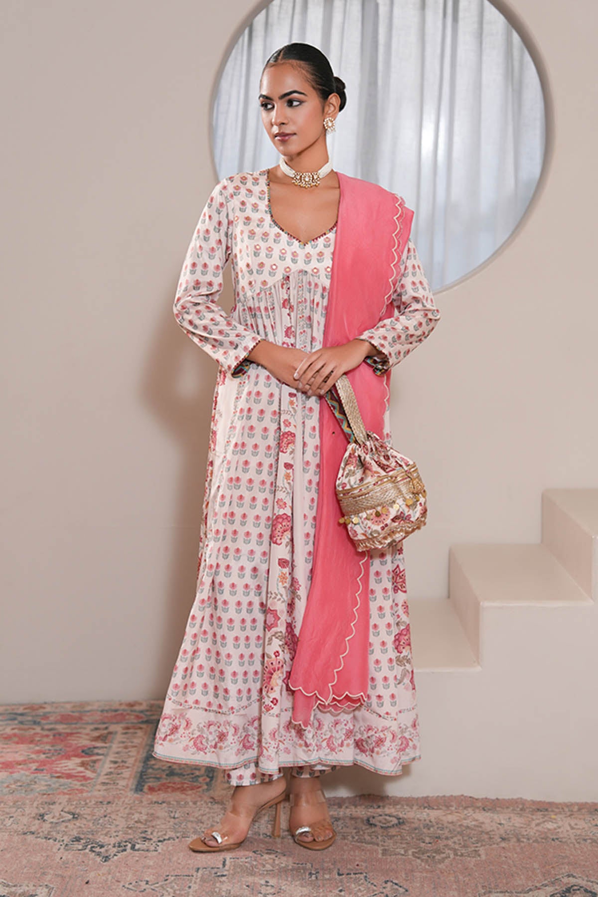 White Printed Anarkali & Pants