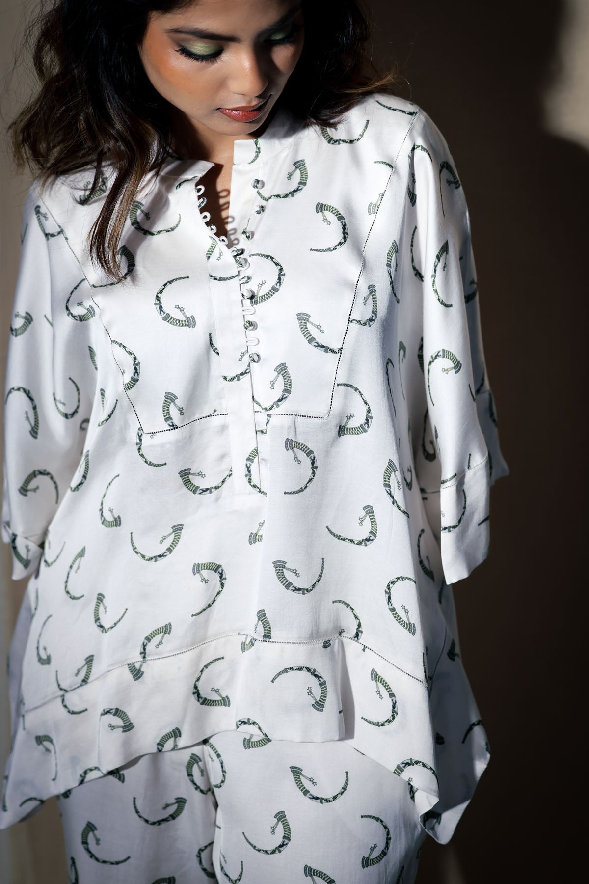 White Printed Collar Kaftan Set