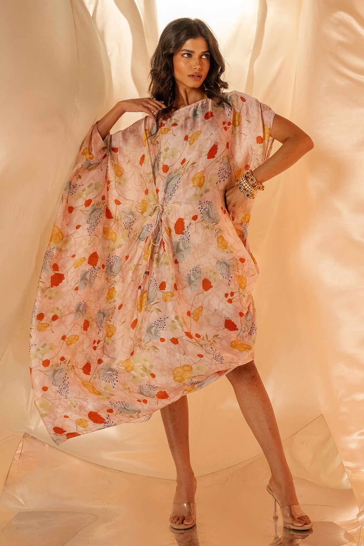 White Printed Drape Style Dress