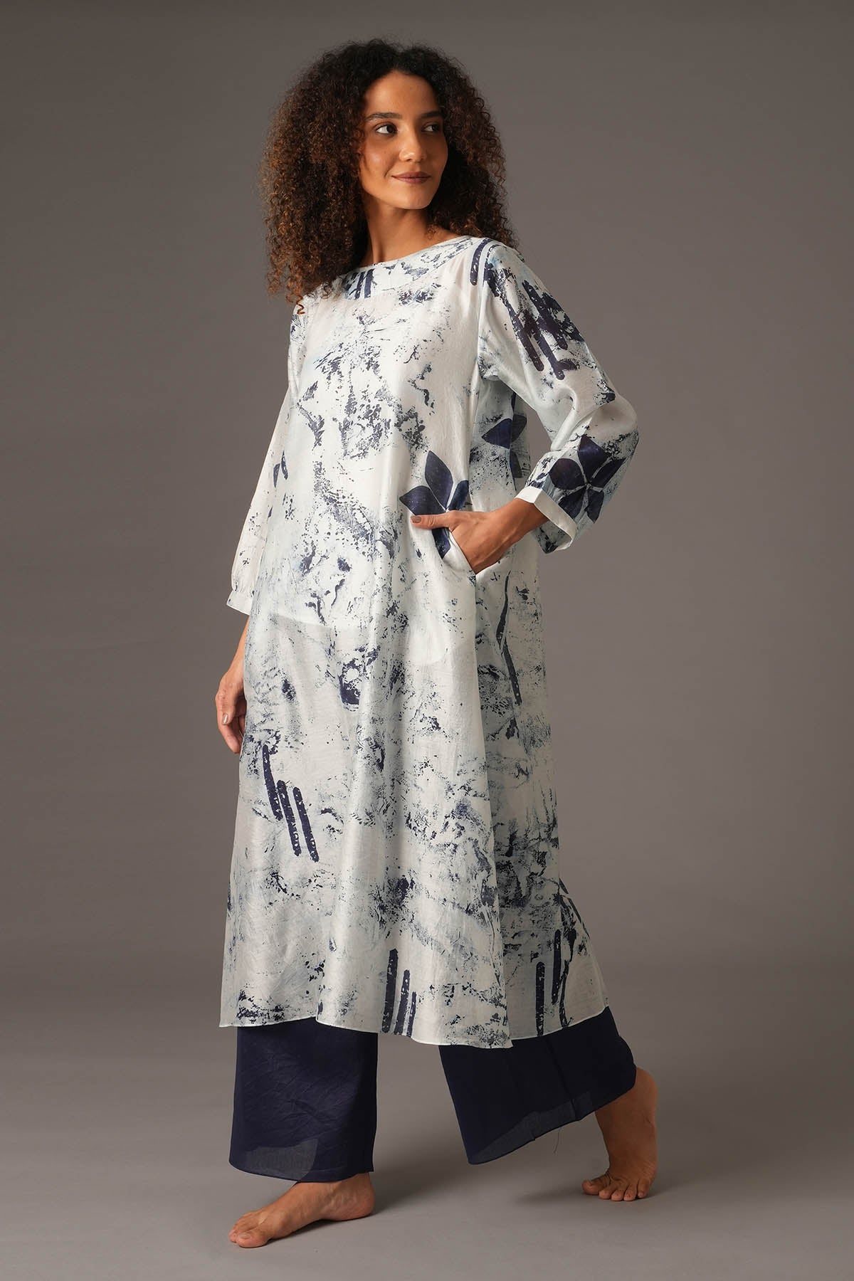 White Printed Flared Kurta Set