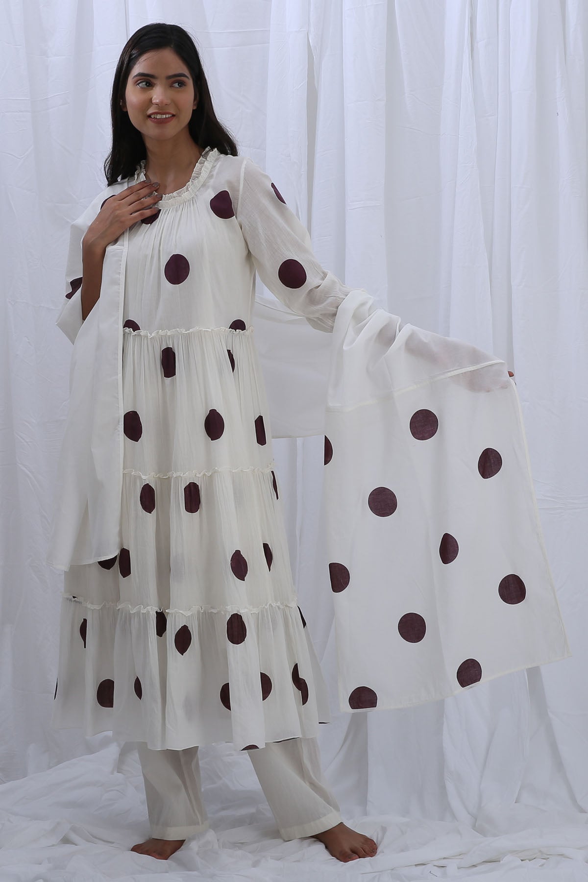 Khat Clothing White Printed Frill Kurta Set for women online at ScrollnShops