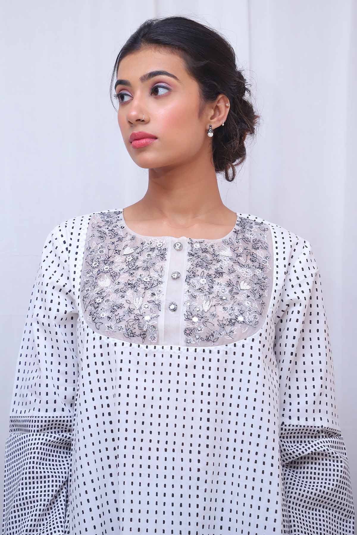 White Printed Long Kurta & Pants