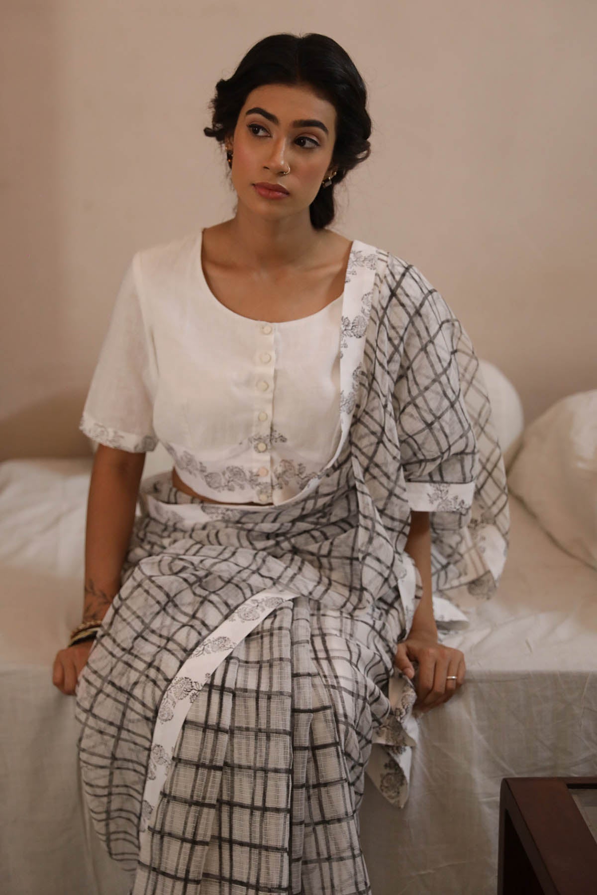 White Printed Saree & Blouse