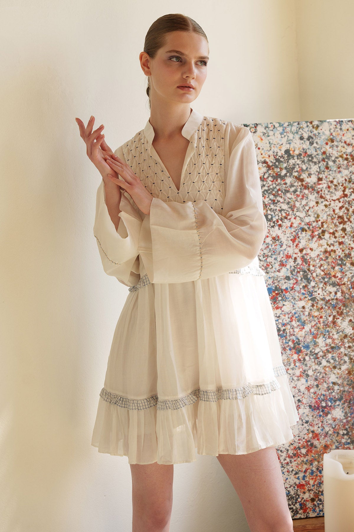 White Printed Tiered Mini Dress