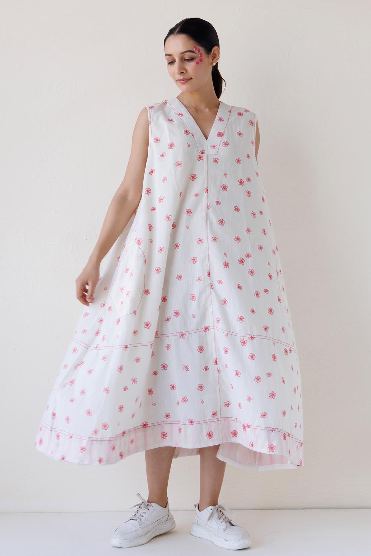 White Printed V-Neck Midi Dress