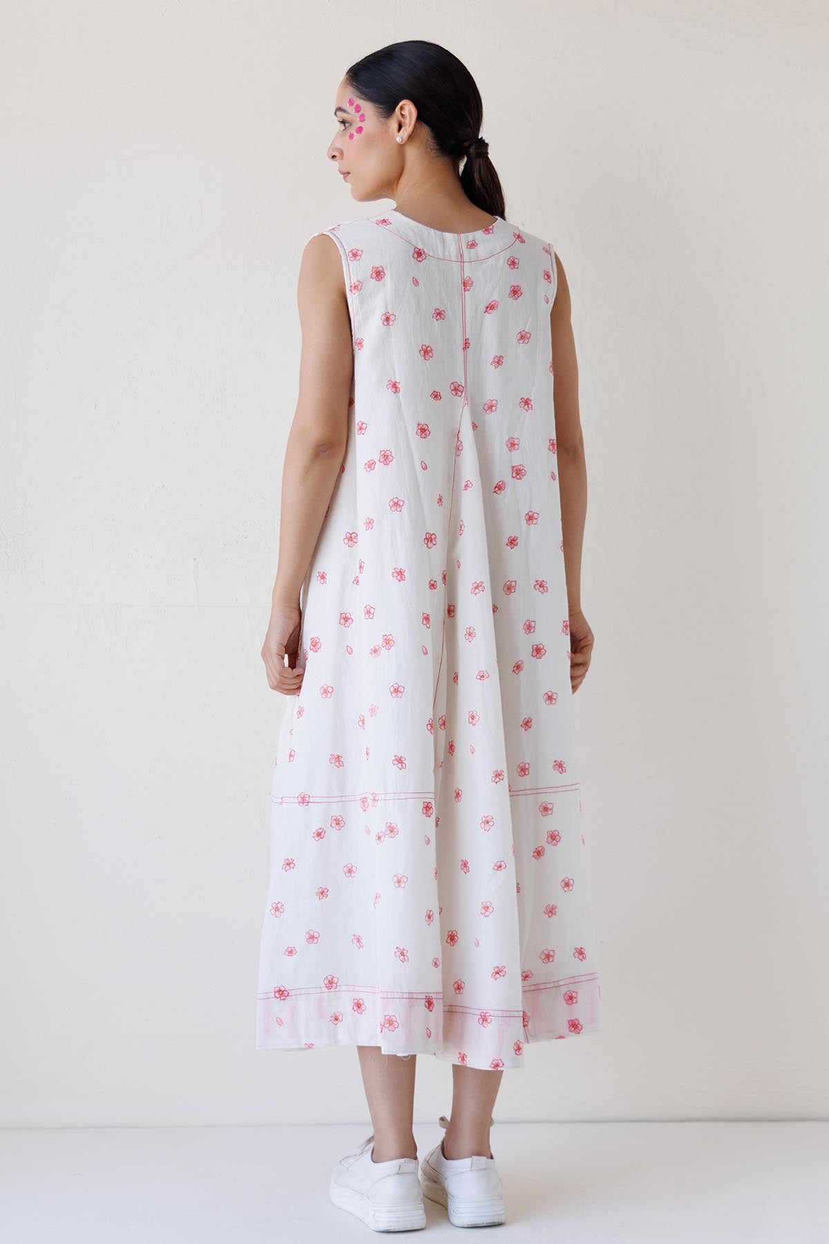 White Printed V-Neck Midi Dress