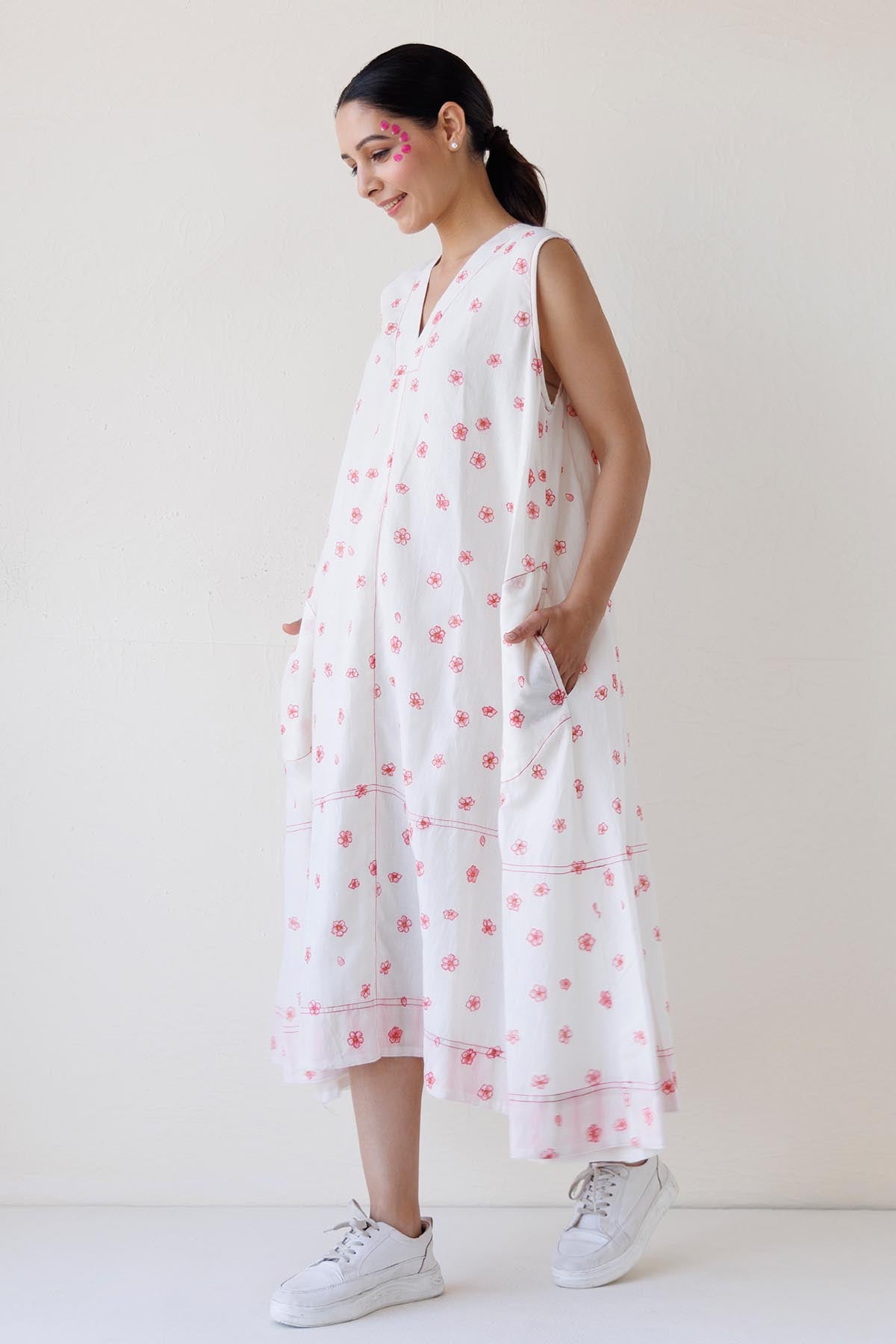 White Printed V-Neck Midi Dress