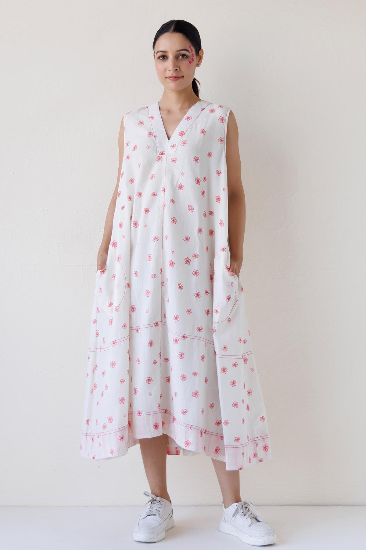 Buy Designer White Printed V-Neck Midi Dress for Women