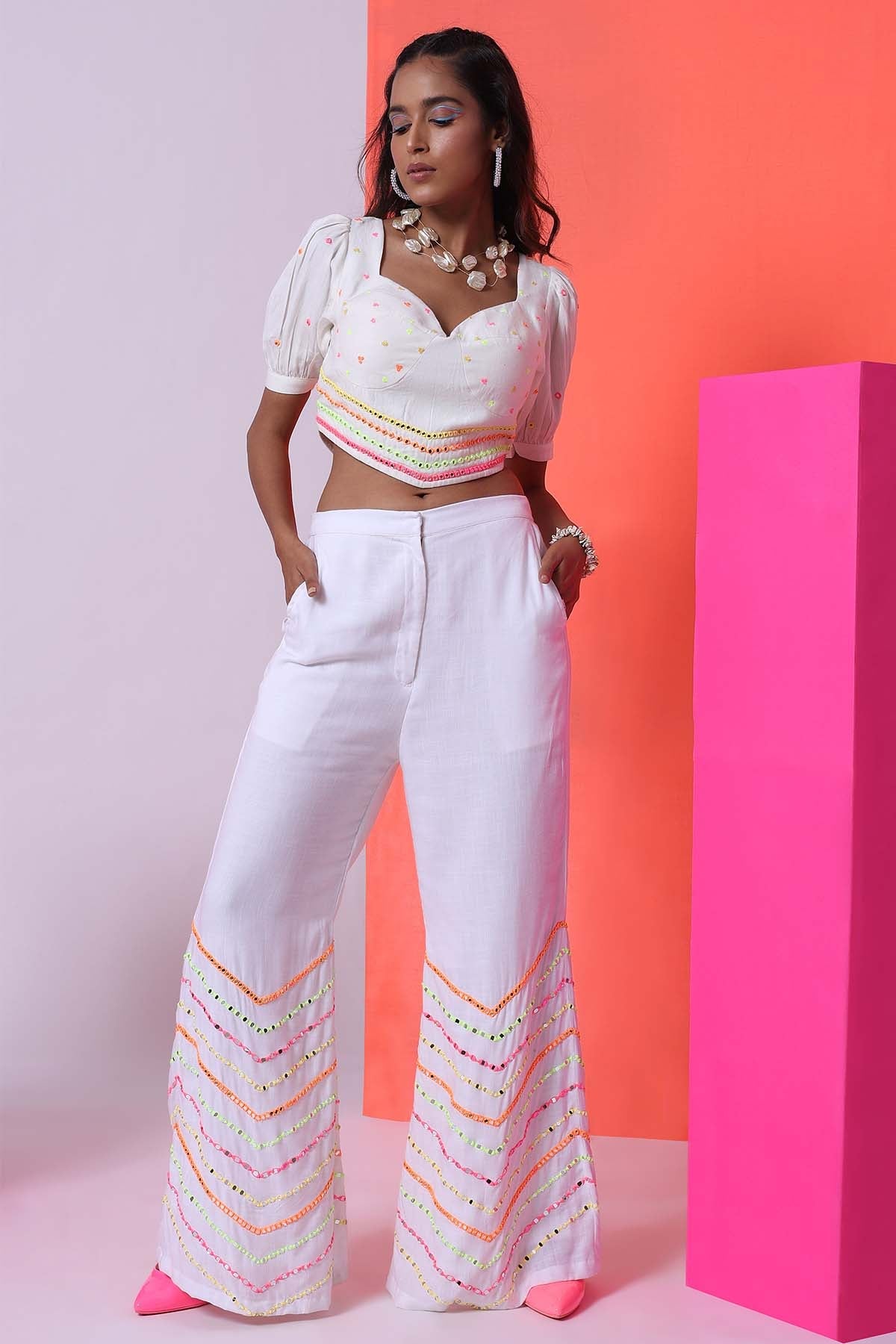 The House Of Shes White Puff Sleeves Top & Pants for women online at ScrollnShops