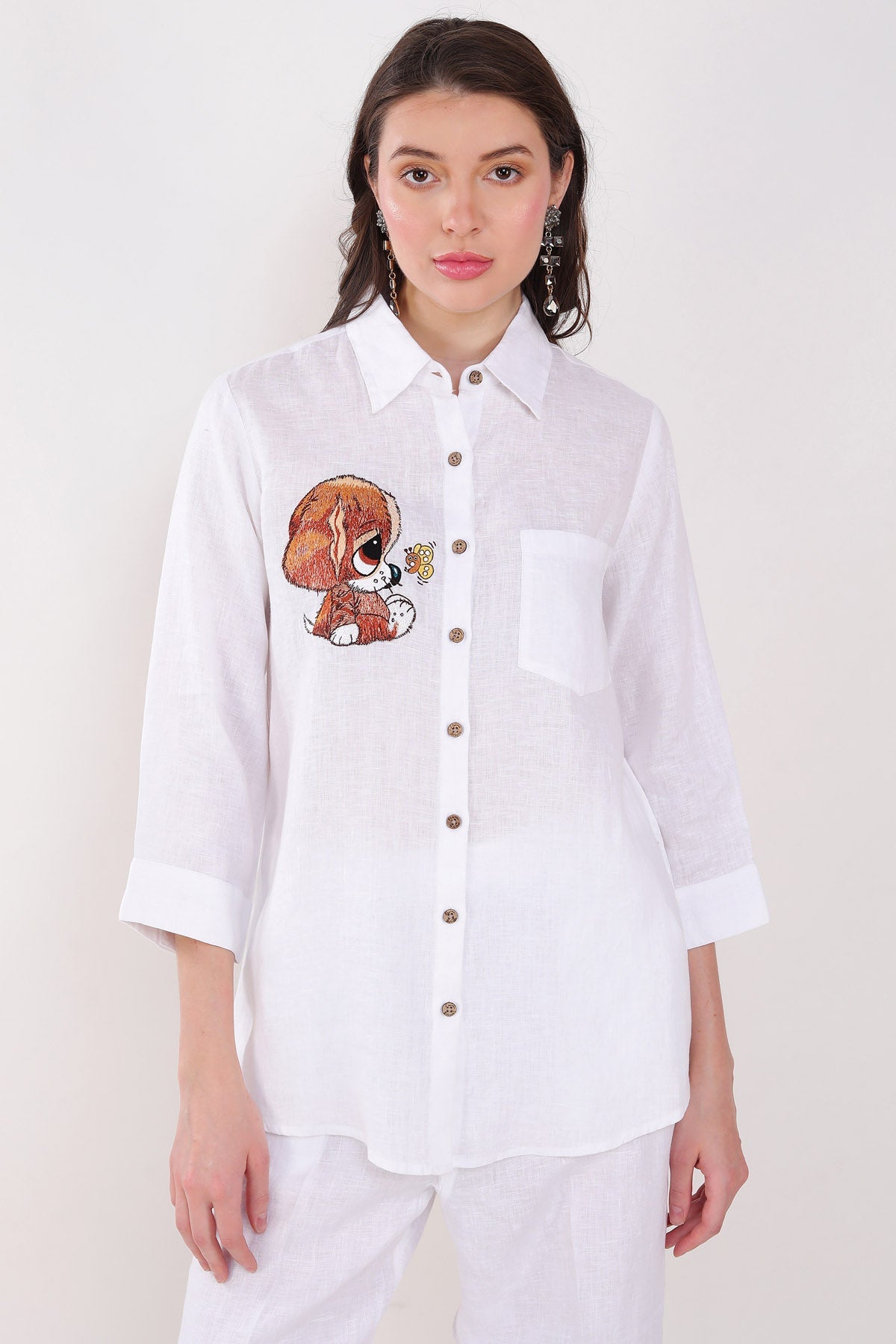 Linen Bloom White Puppy Embroidered Shirt for women online at ScrollnShops