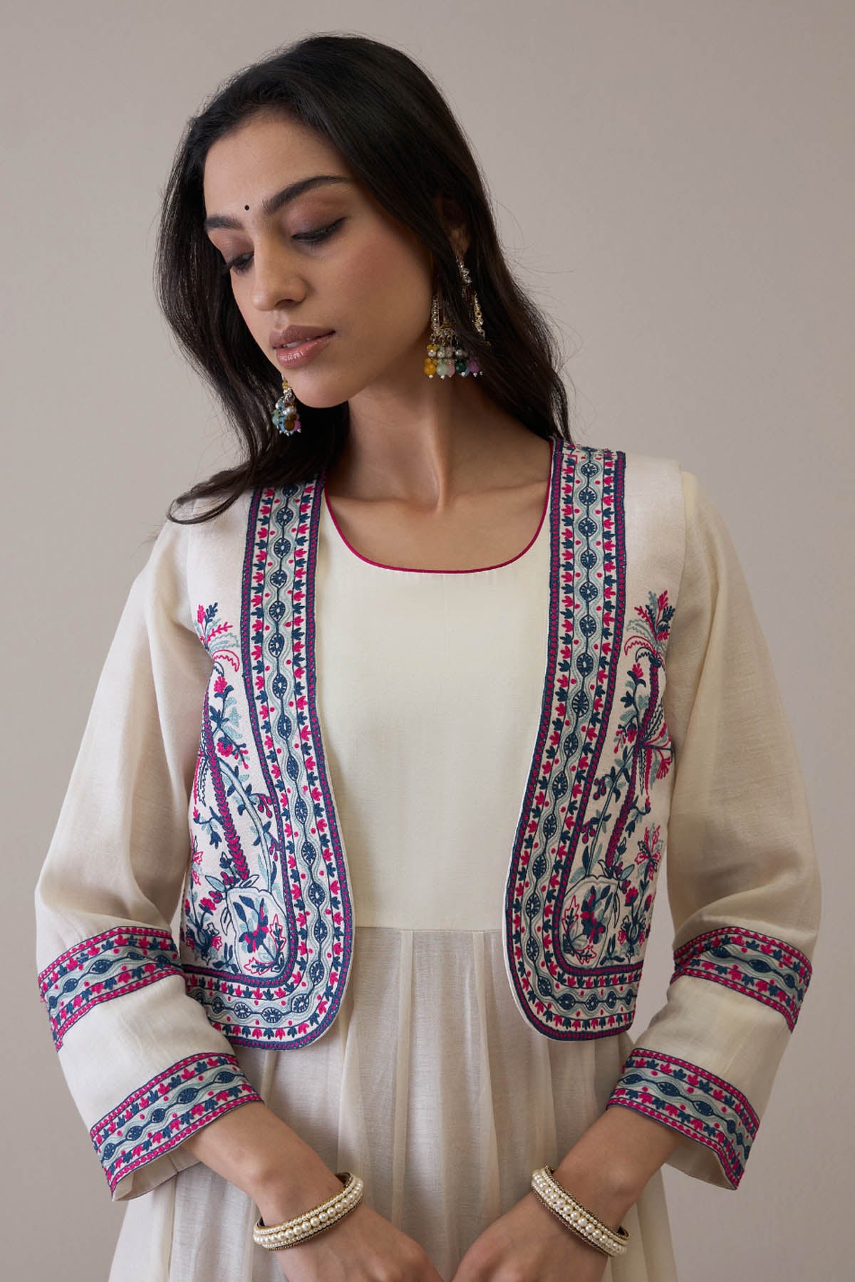 White Pure Chanderi Anarkali Set