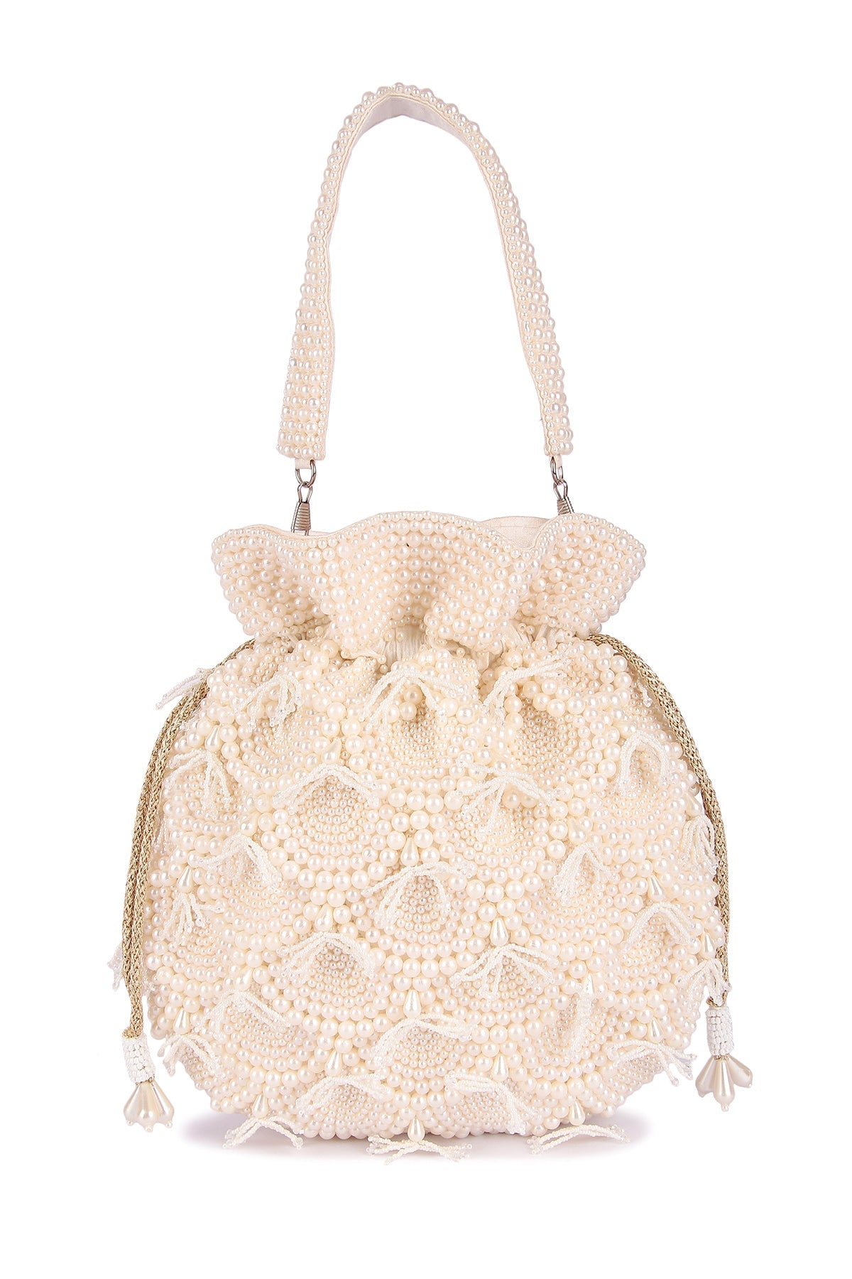 Buy White Raw Silk Pearl Work Potli  for women by the Purple sack online available at scrollnshops