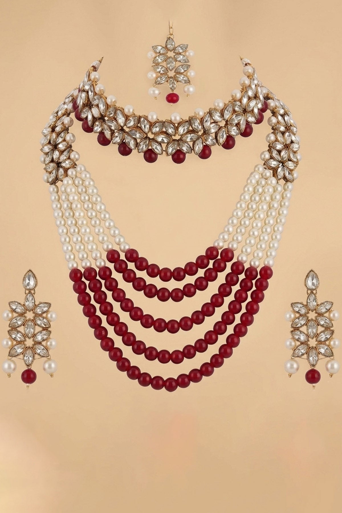 White Red Beaded Jewellery Set