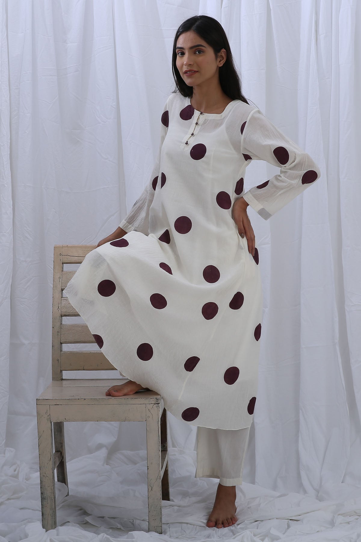 White Round Neck Print Kurta Set