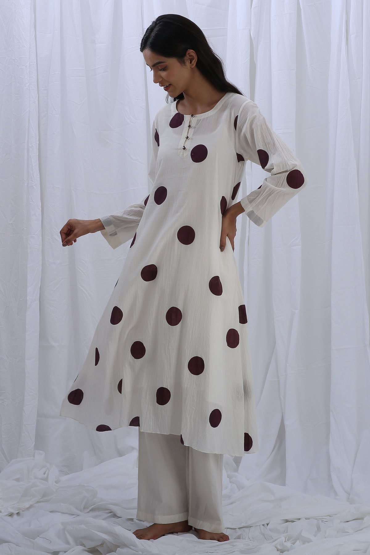 White Round Neck Print Kurta Set