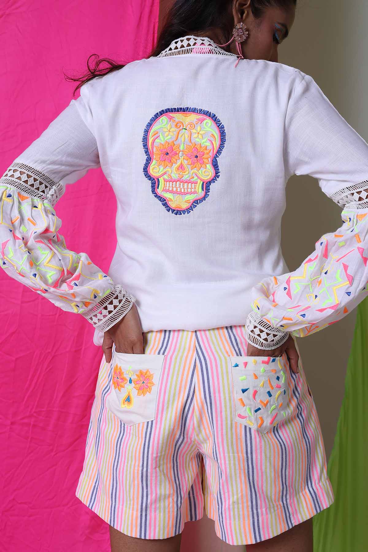 White Round Neck Top & Shorts