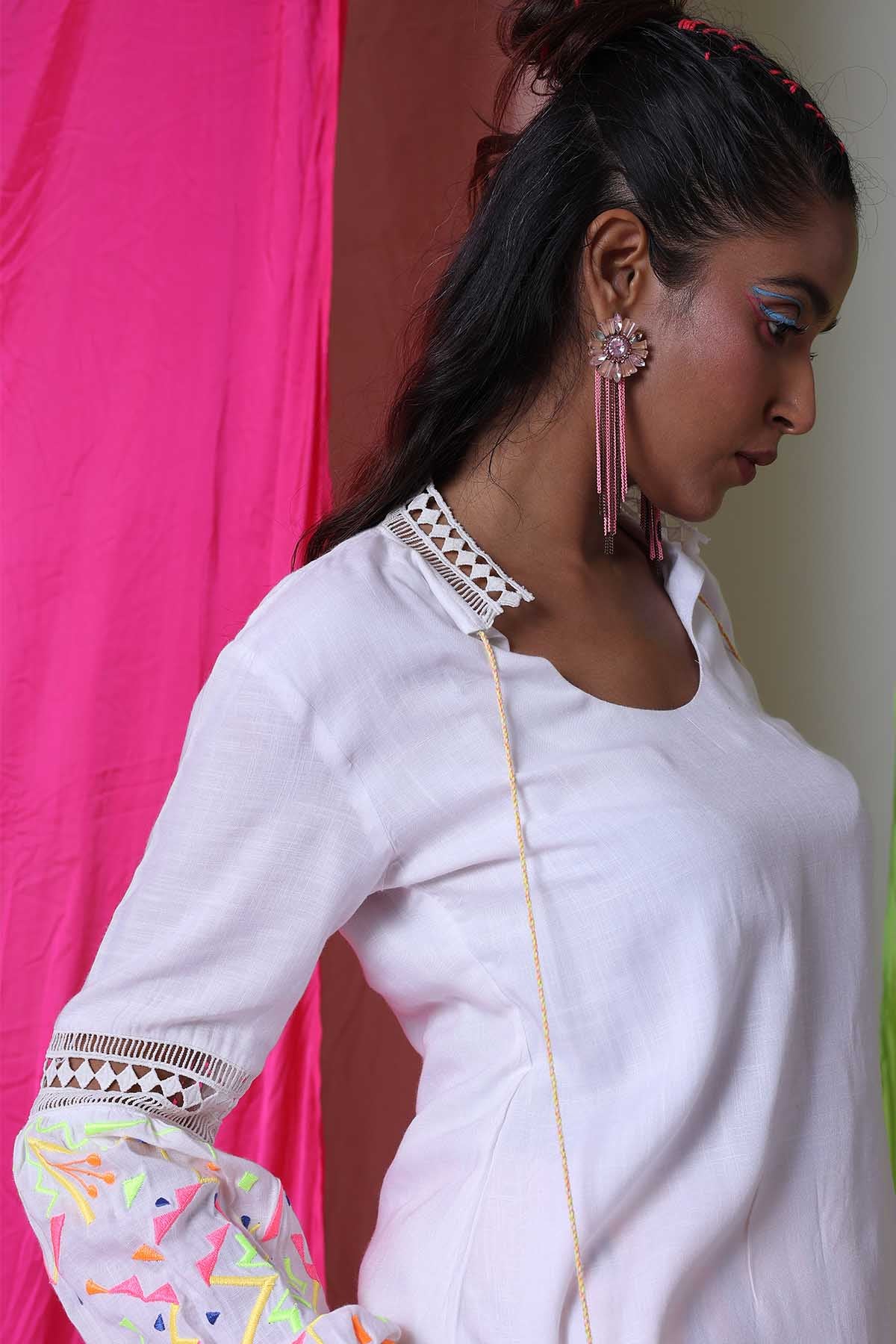 White Round Neck Top & Shorts