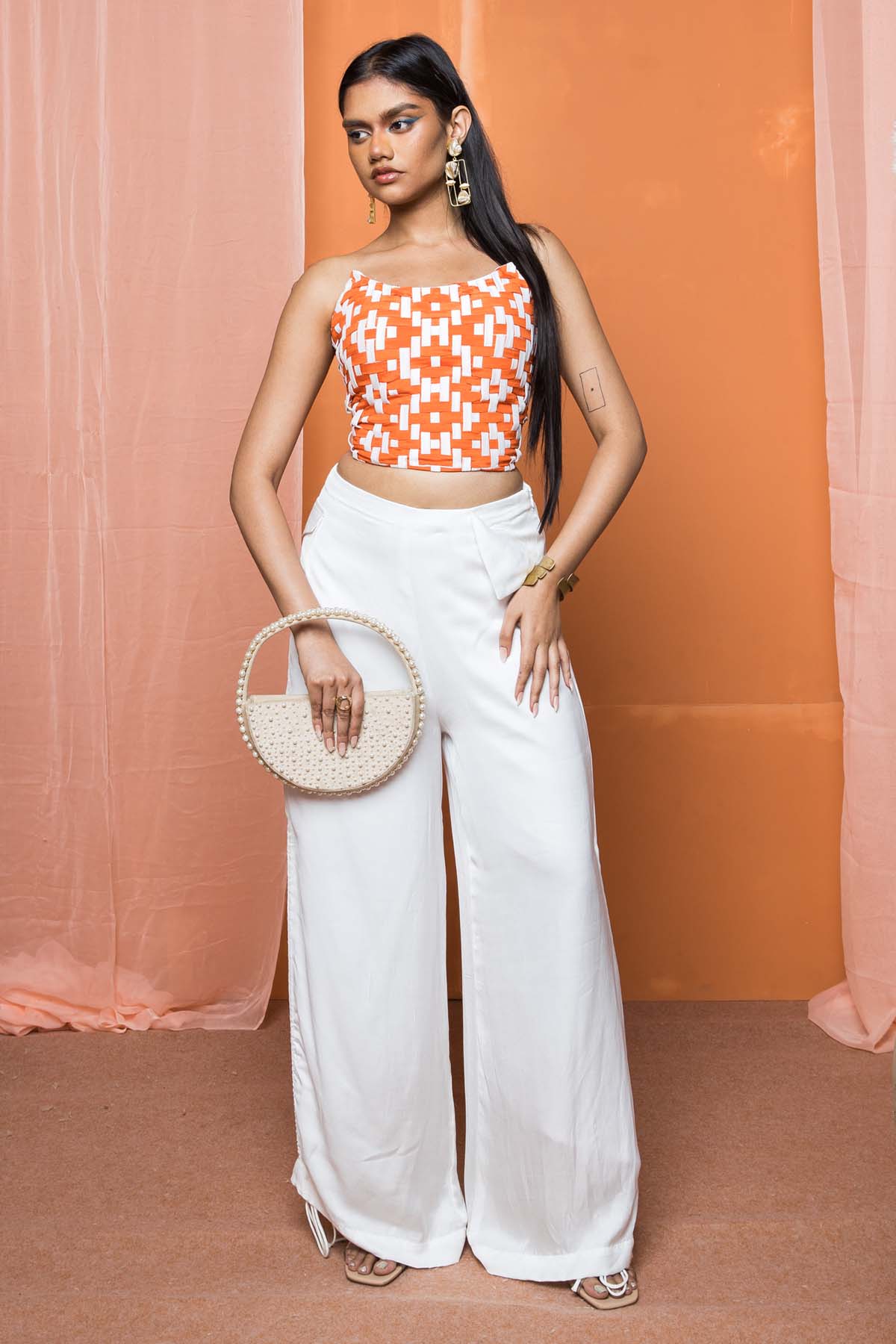 Shivanii White Ruching Wide Leg Pants for women online at ScrollnShops