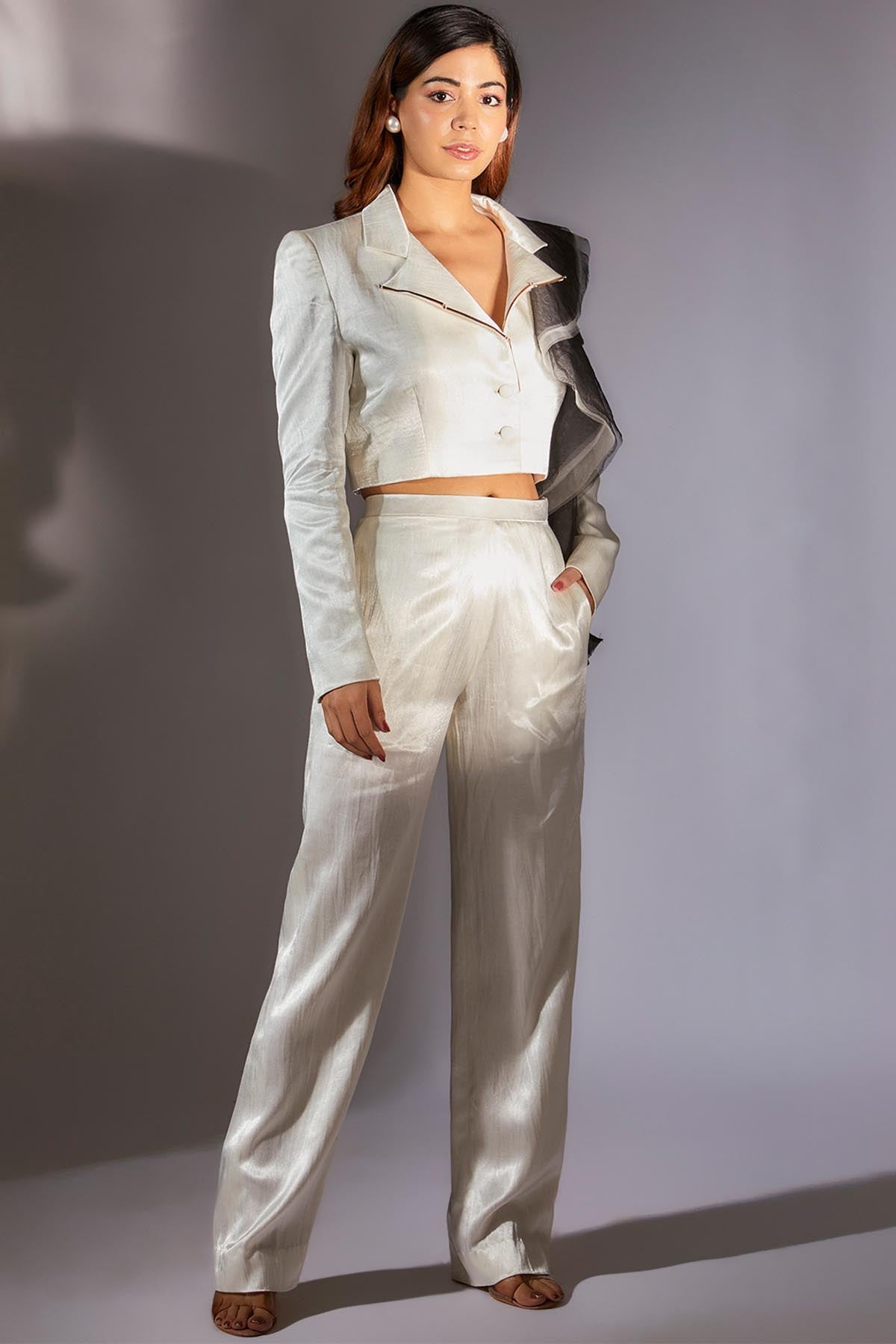 Buy White Ruffle Blazer & Pants by Masumi Mewawalla for women online at ScrollnShops