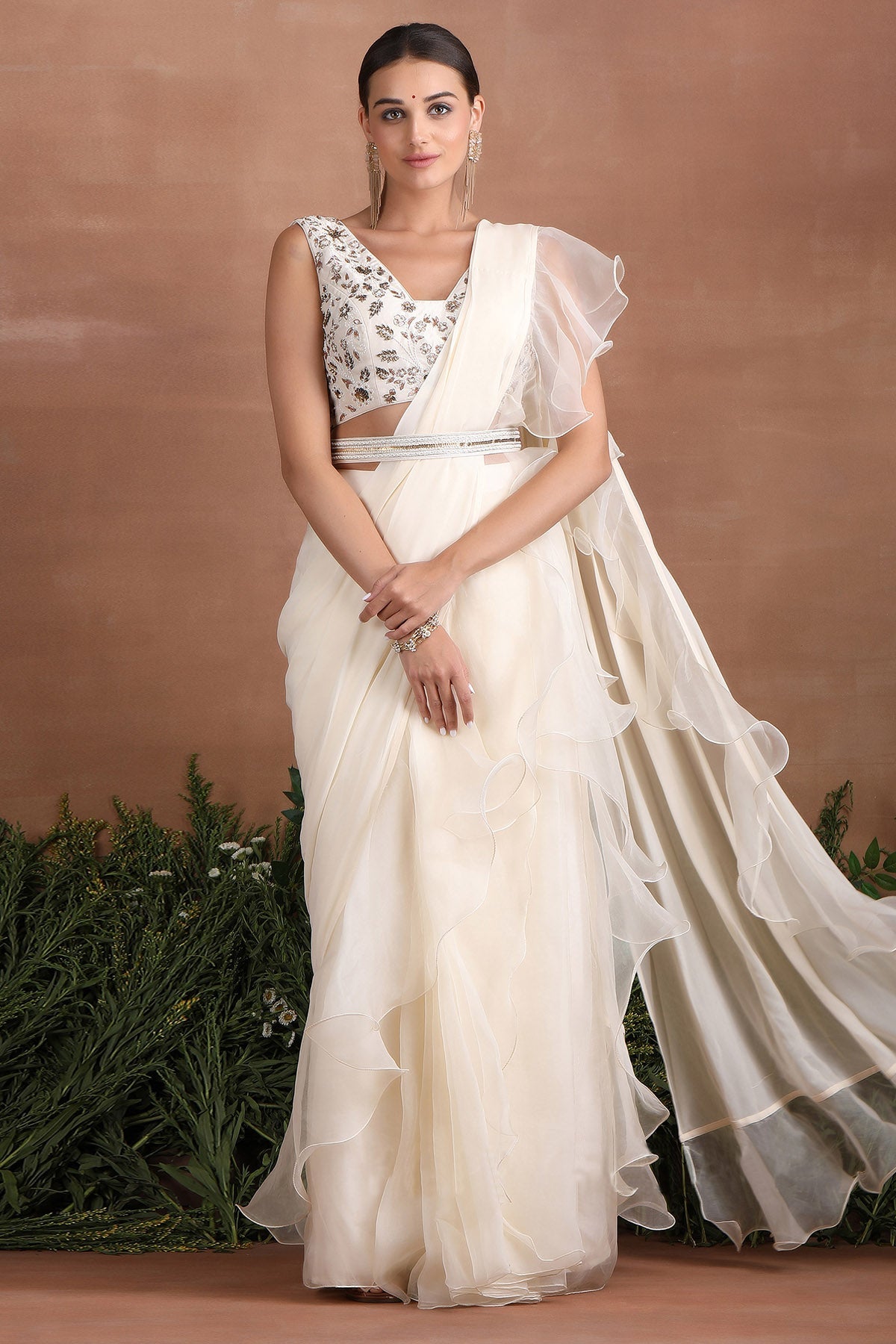 Buy White Ruffle Pre-Draped Saree by Poppy Flower for women online at ScrollnShops
