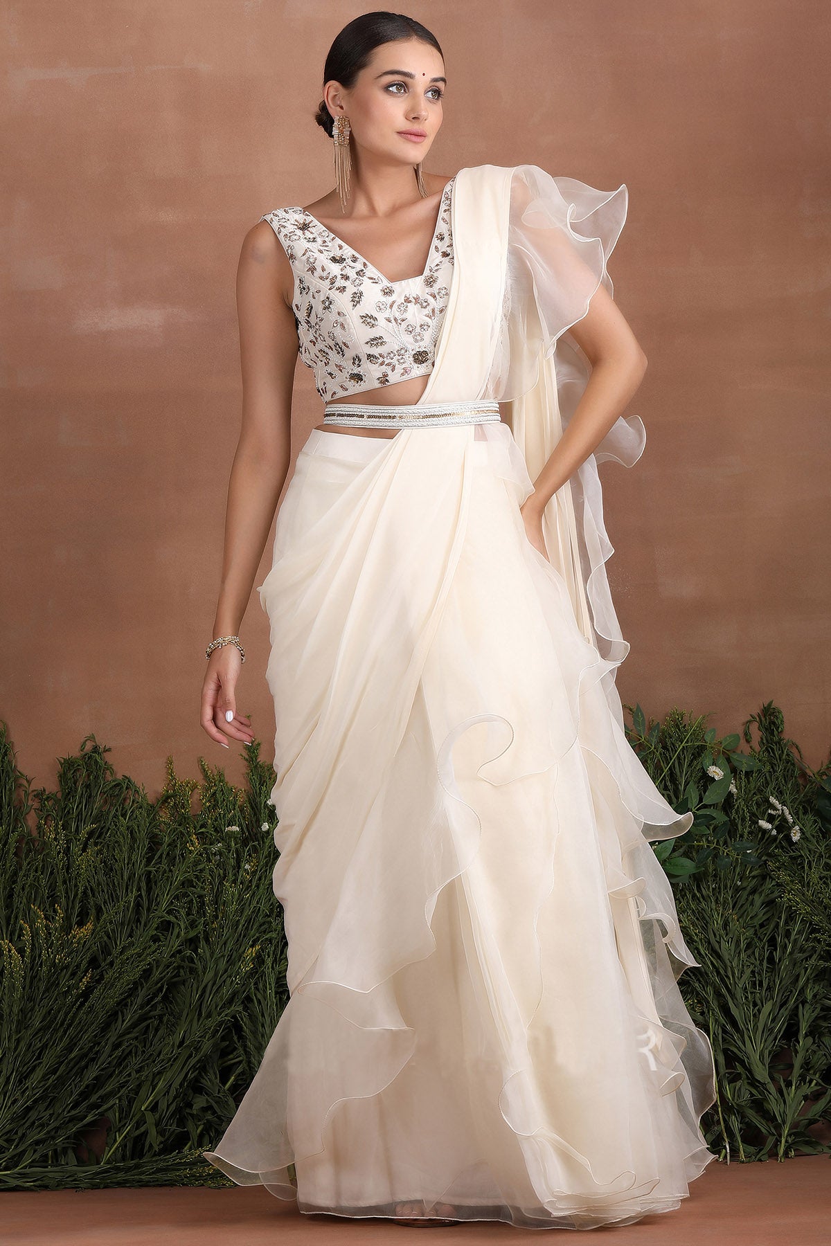 White Ruffle Pre-Draped Saree