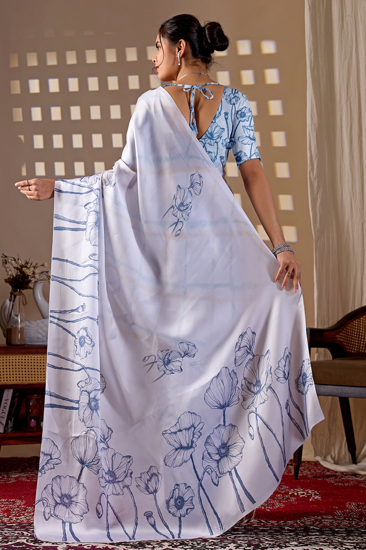 White Satin Digital Print Saree