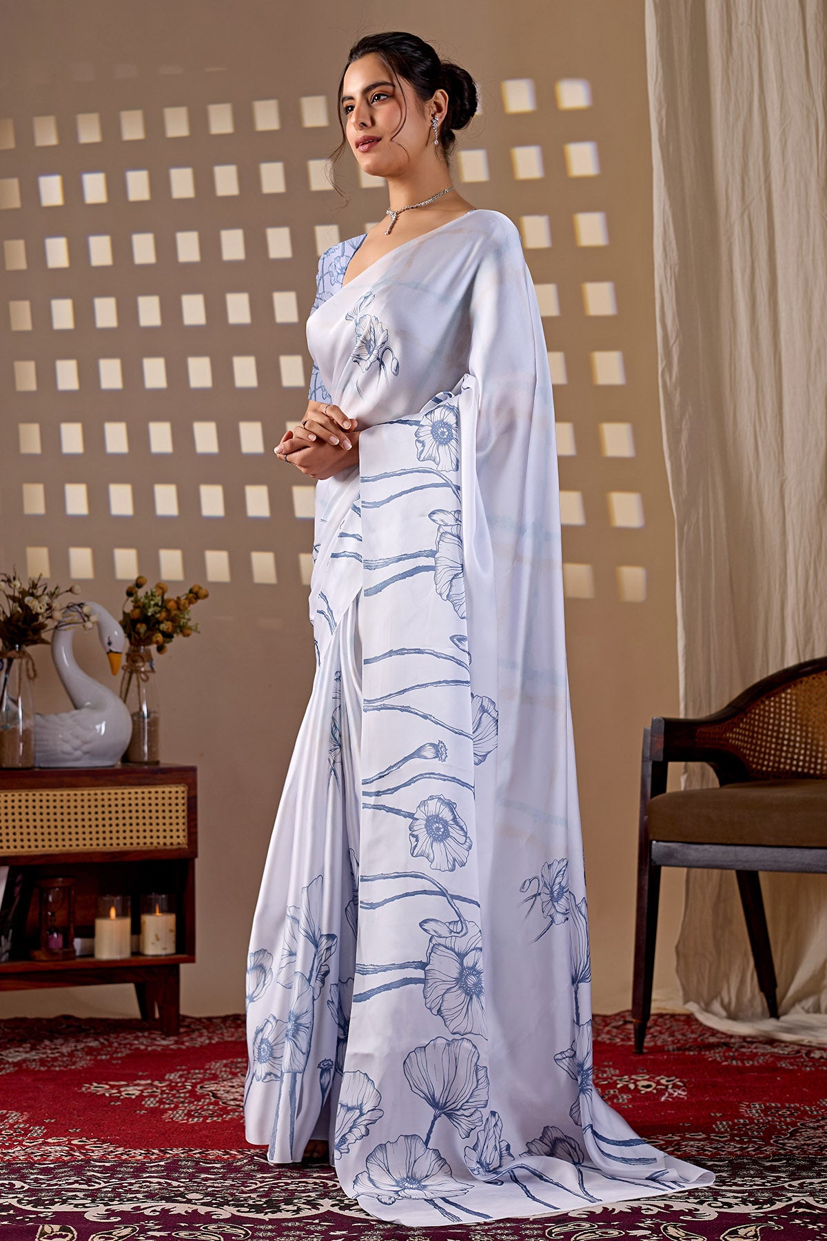 White Satin Digital Print Saree