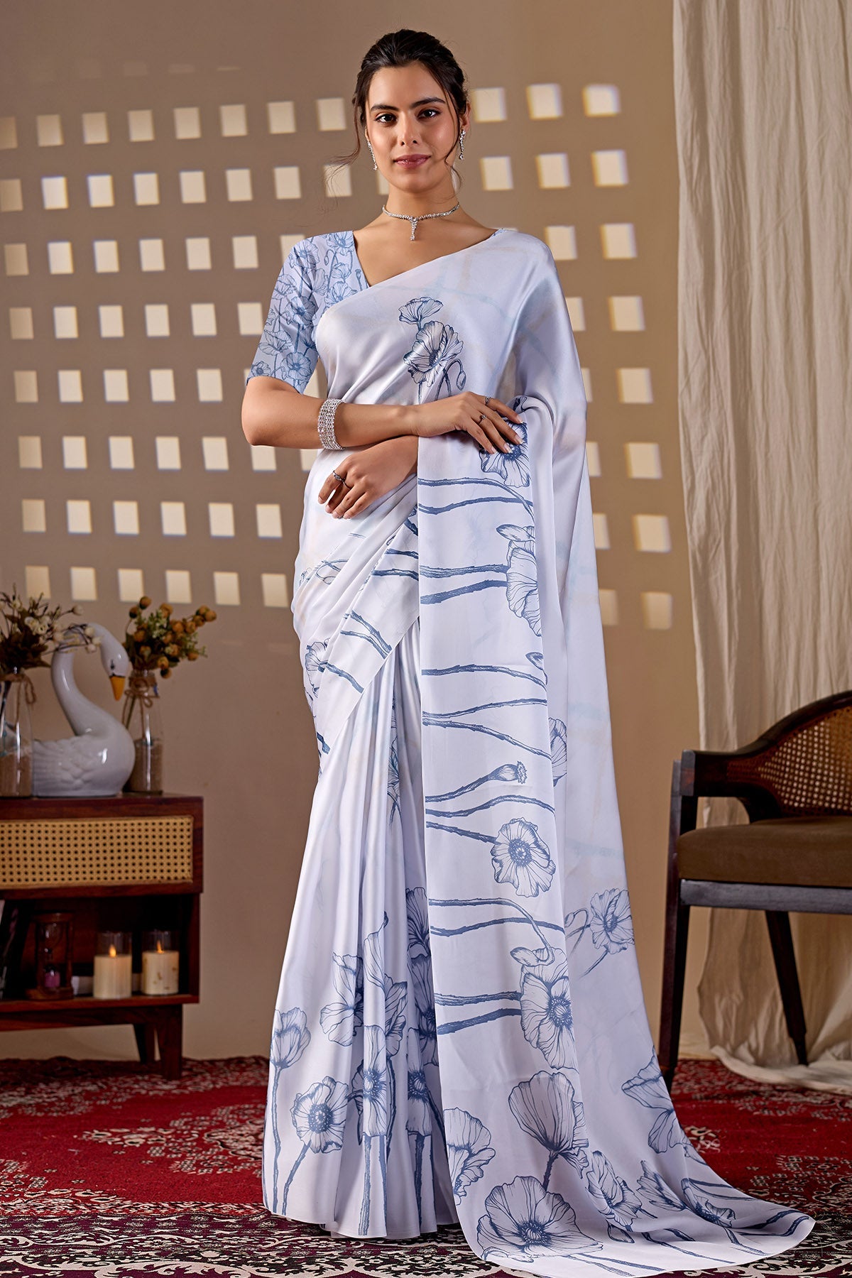 Buy White Satin Digital Print Saree for women by Aastha Fashion online available at scrollnshops