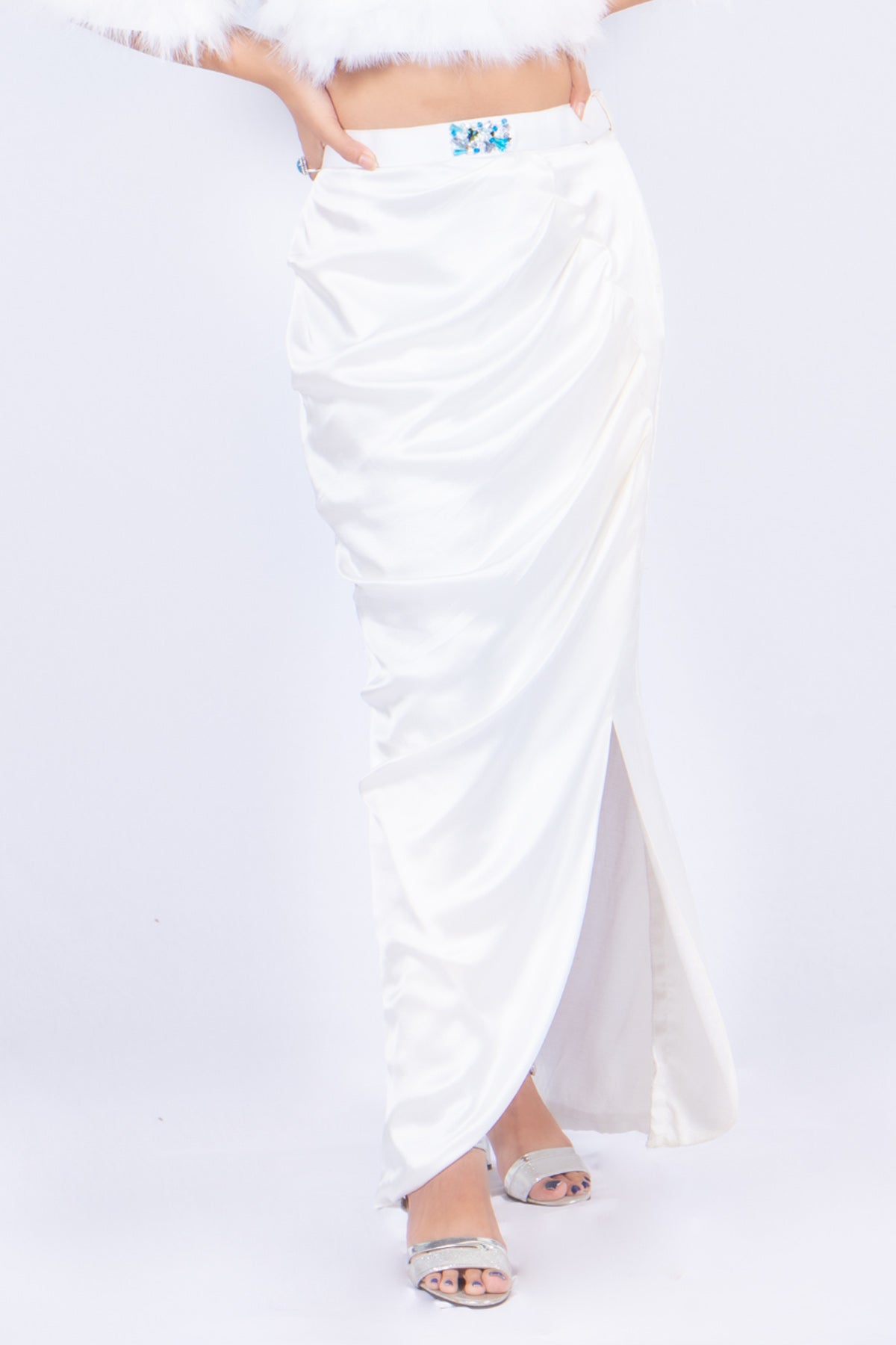 Etti Kapoor White Satin Drape Scallop Skirt for women online at ScrollnShops